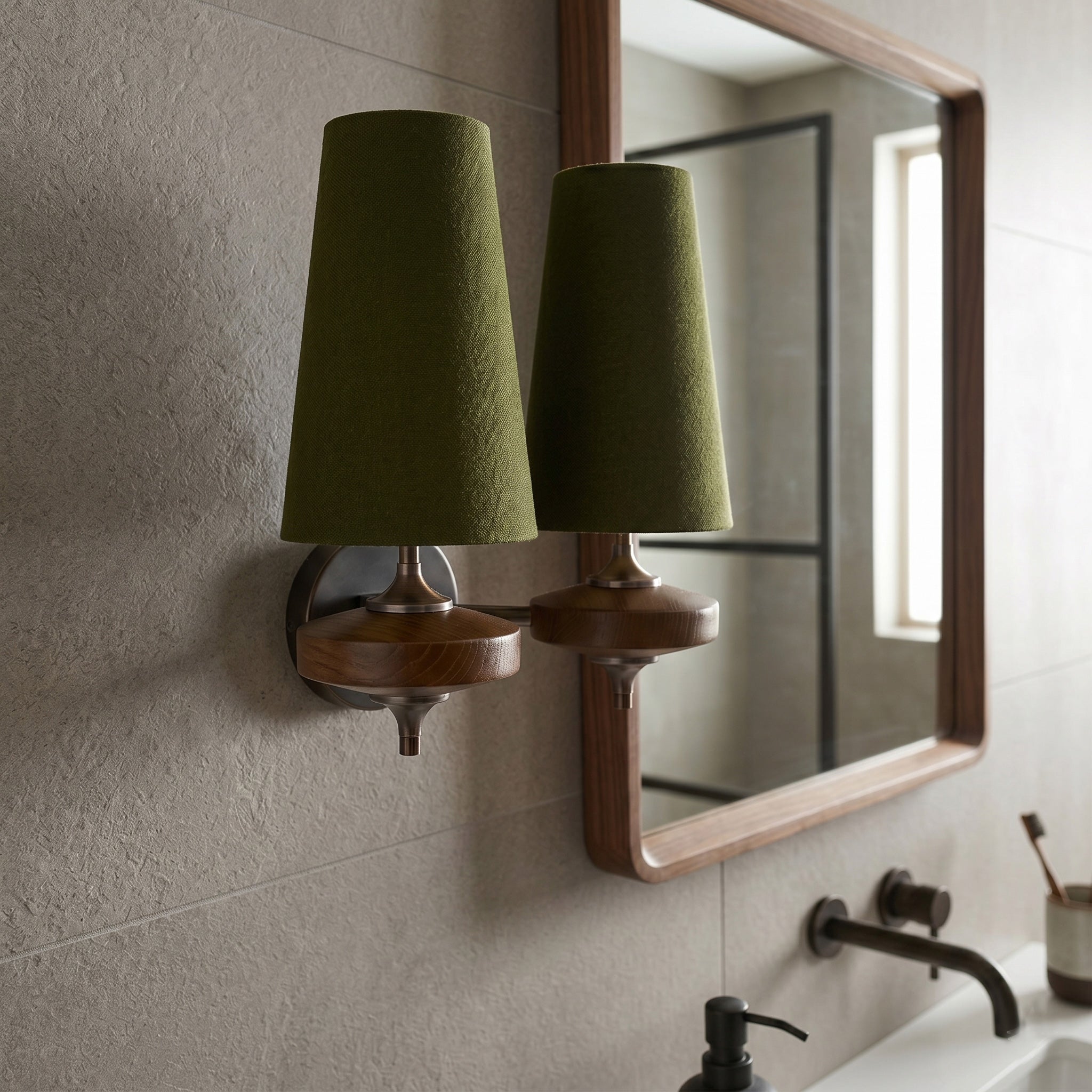 Walnut Double Wall Sconce with Fabric Shades
