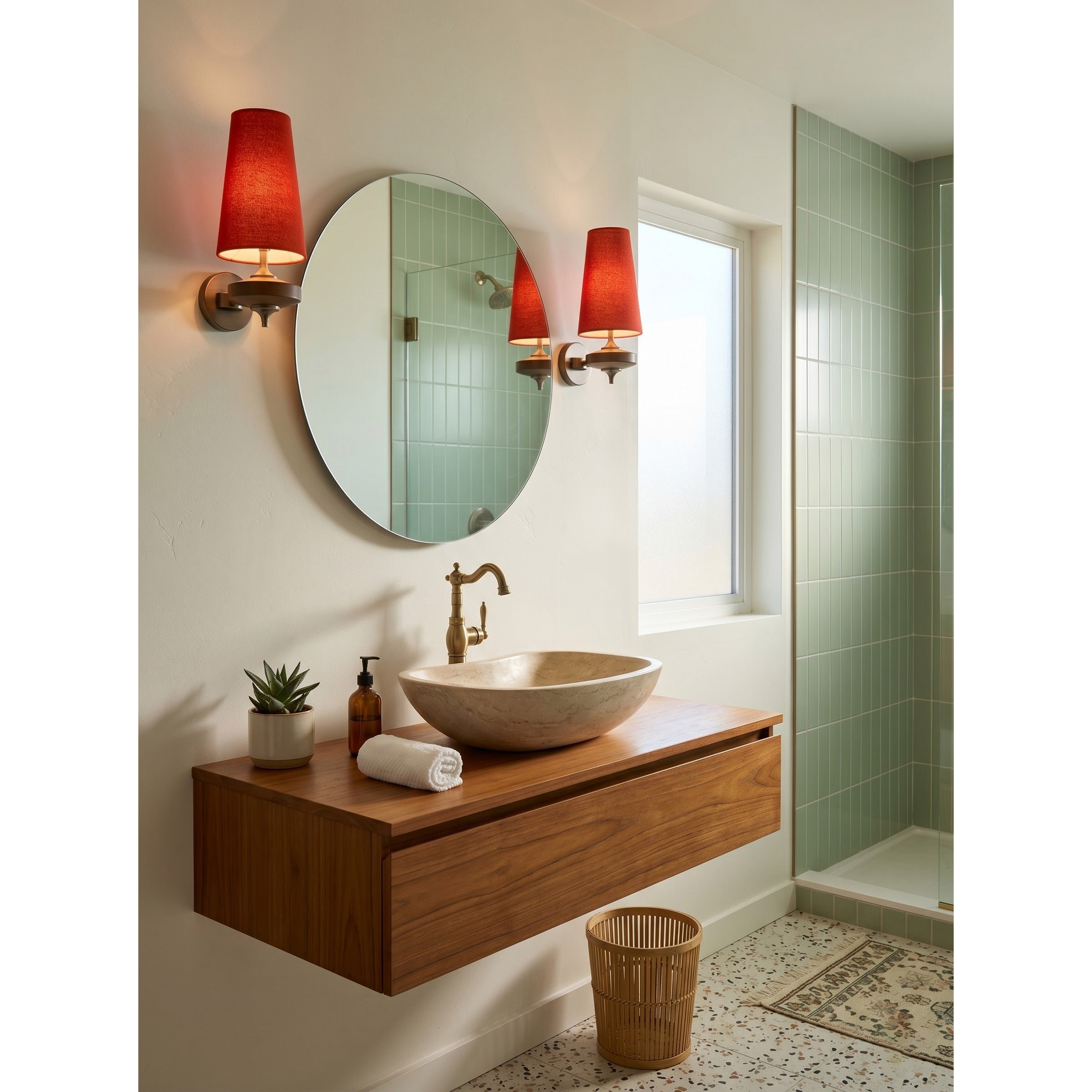 Walnut Double Wall Sconce with Fabric Shades