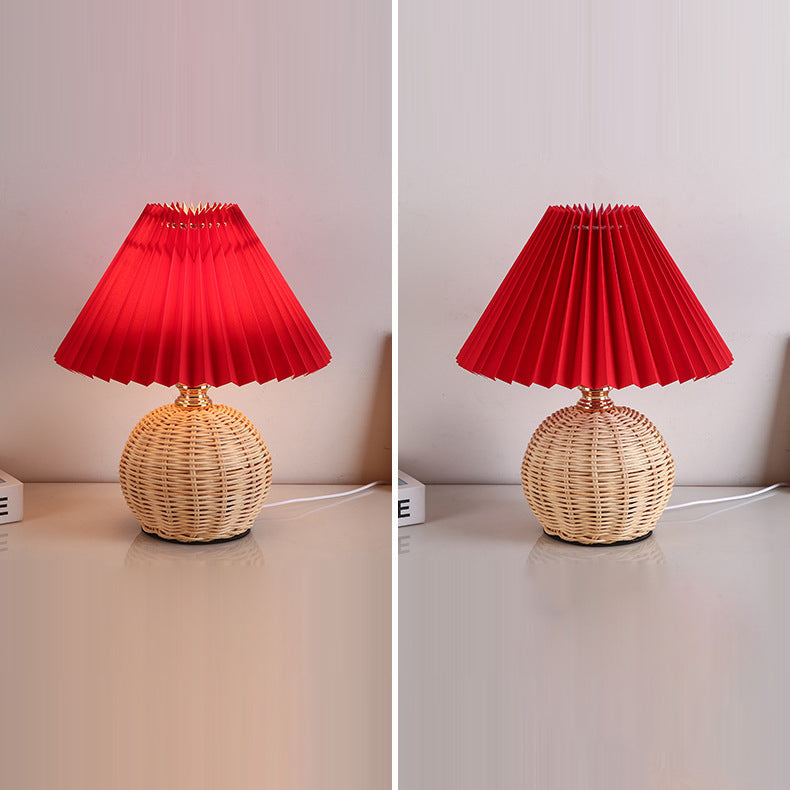 Rattan Table Lamp with Pleated Fabric Shade