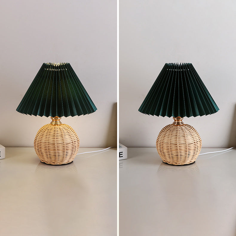Rattan Table Lamp with Pleated Fabric Shade