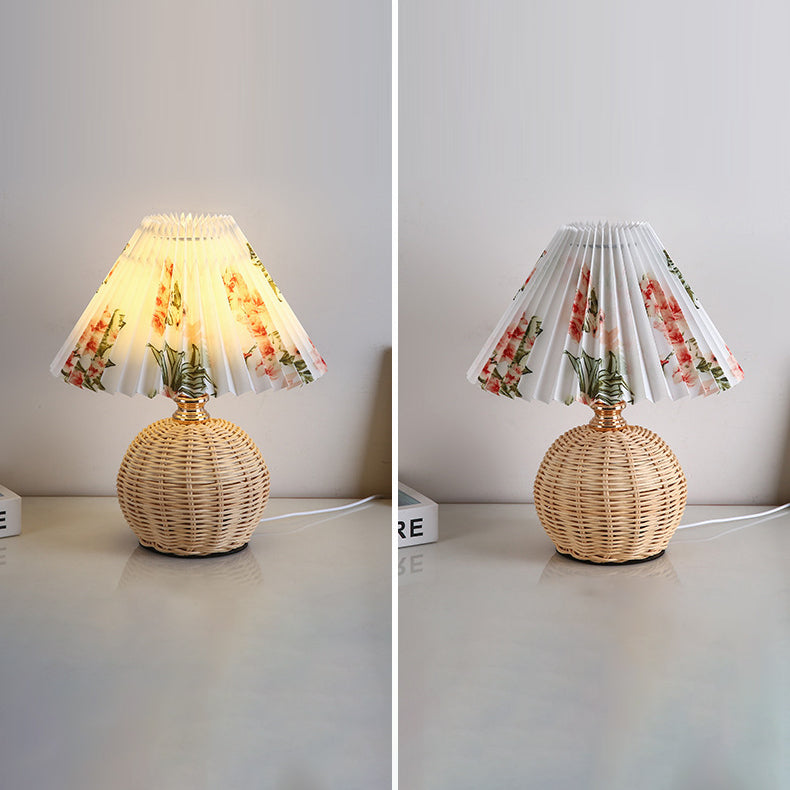 Rattan Table Lamp with Pleated Fabric Shade