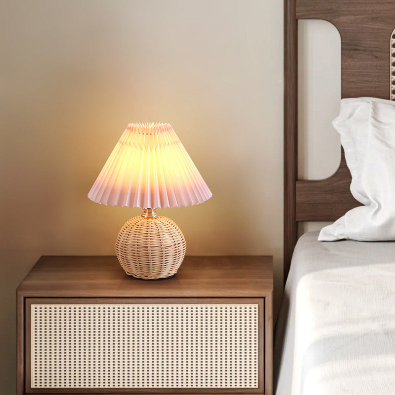 Rattan Table Lamp with Pleated Fabric Shade