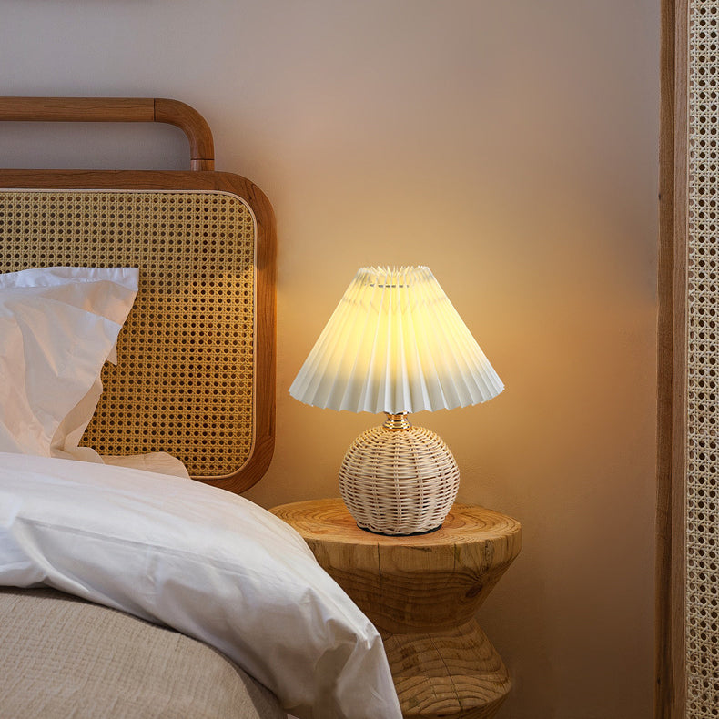 Rattan Table Lamp with Pleated Fabric Shade