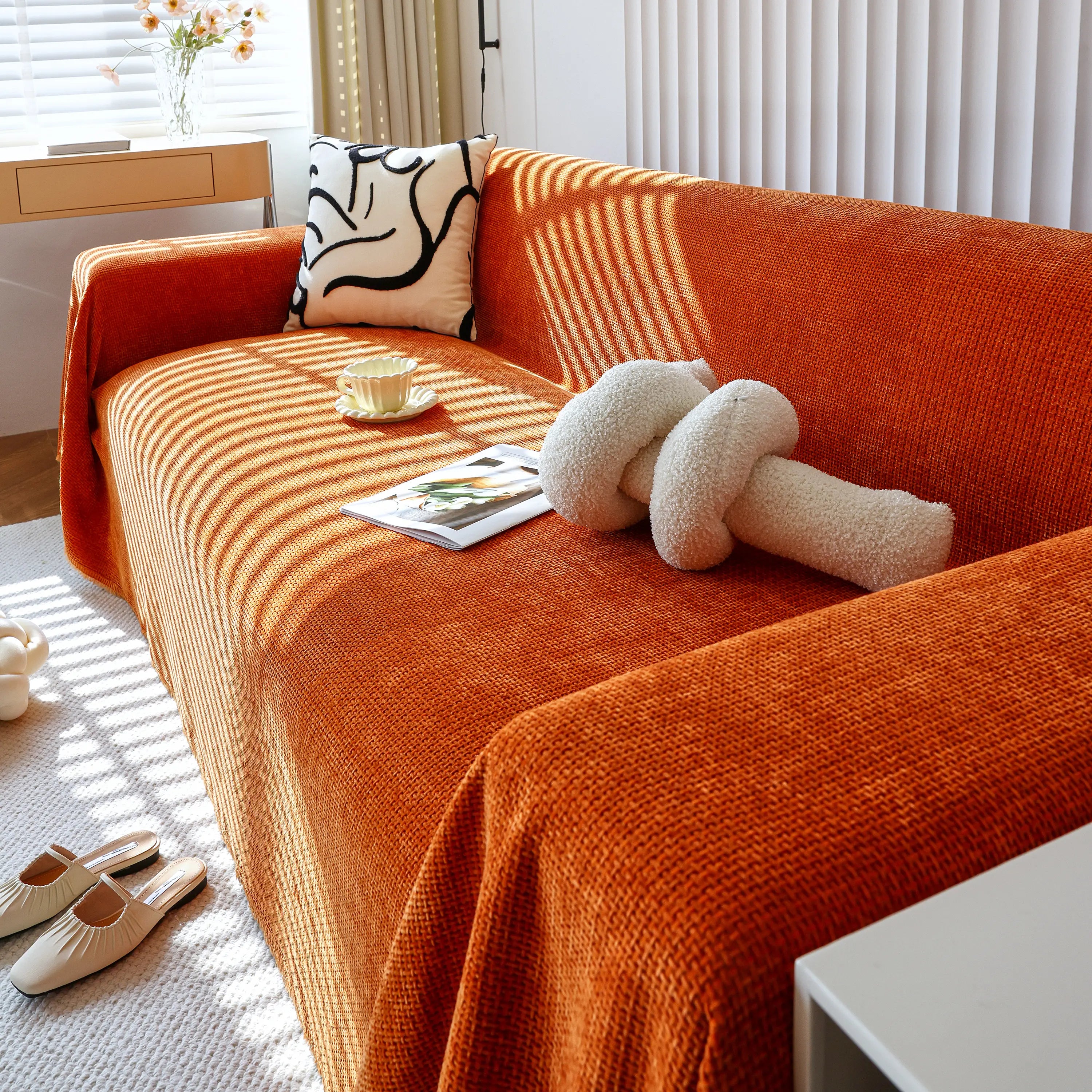 Reversible Chenille Sofa Throw with Fringe