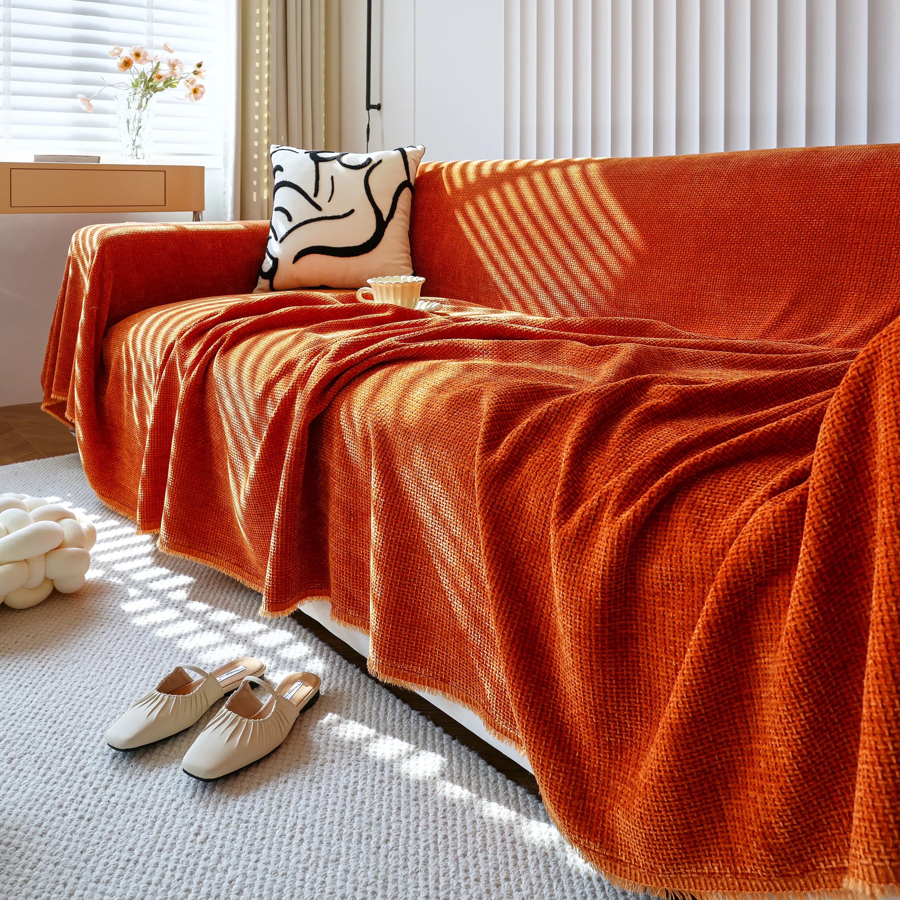 Reversible Chenille Sofa Throw with Fringe