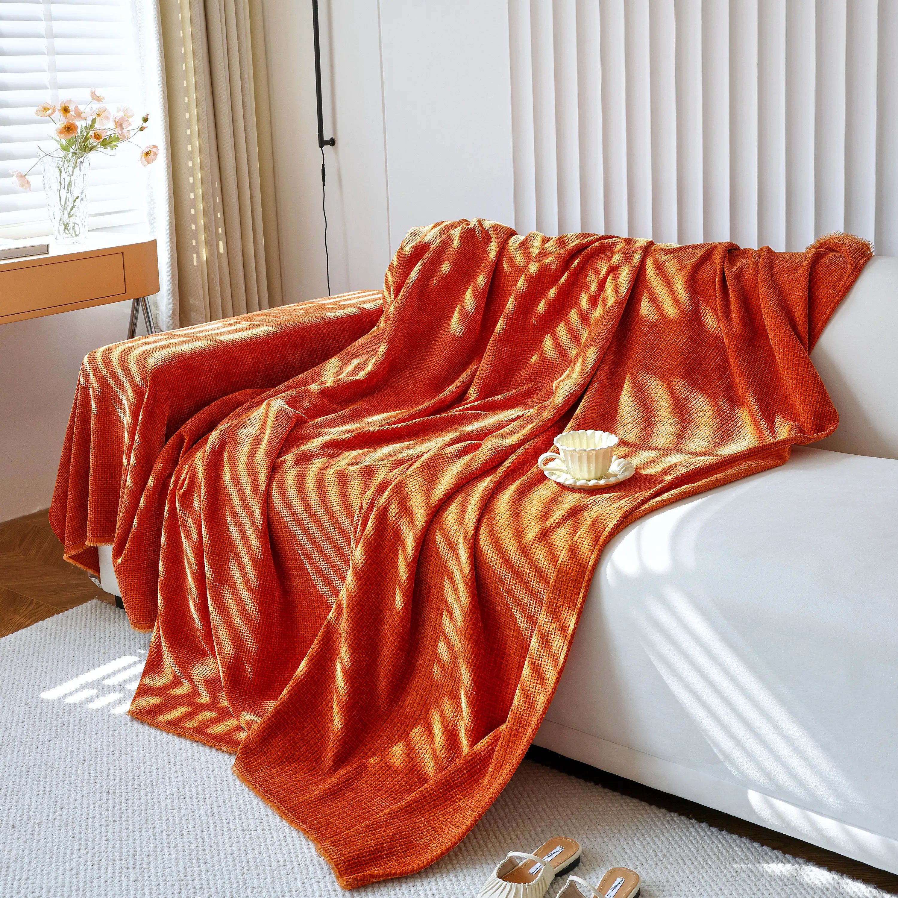 Reversible Chenille Sofa Throw with Fringe