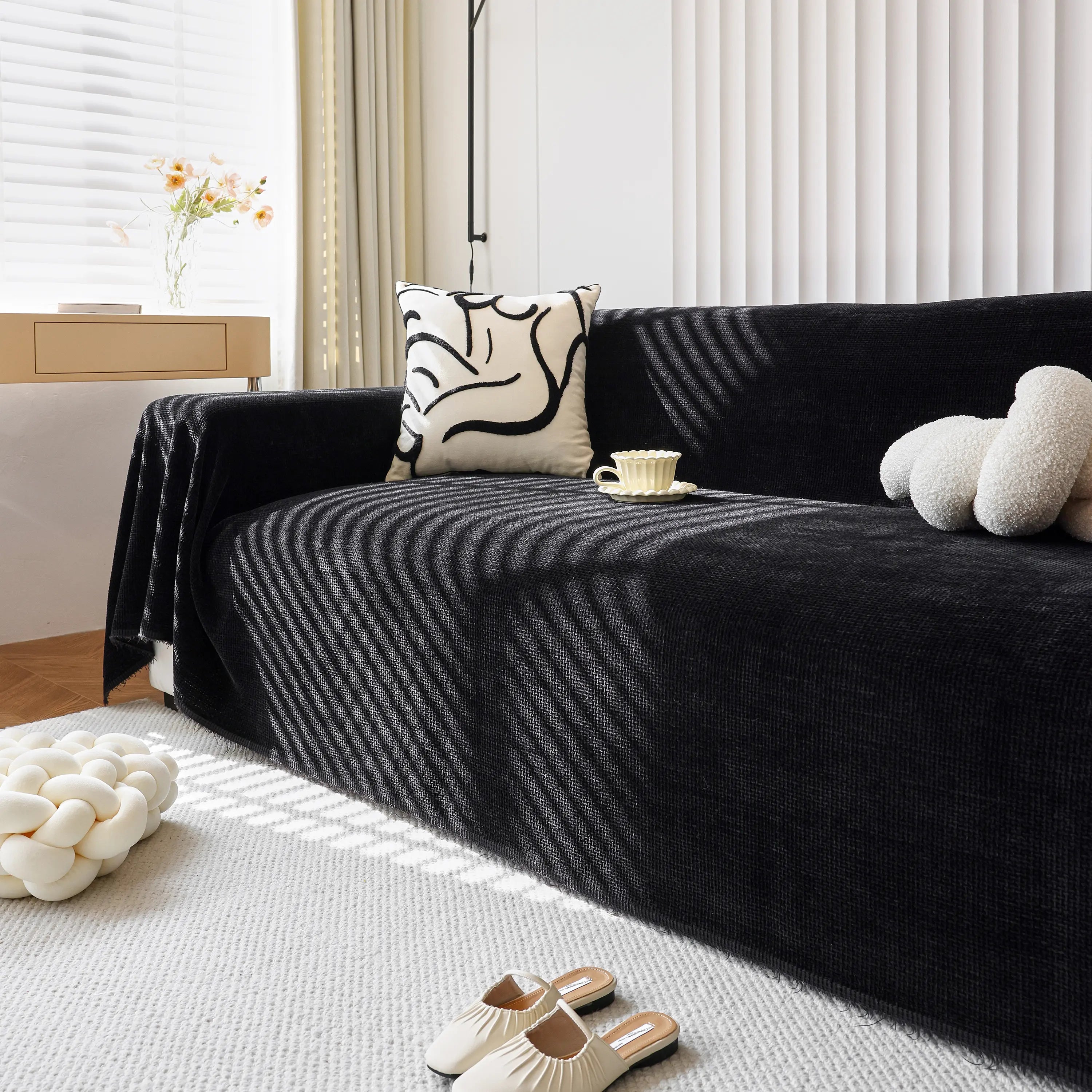Reversible Chenille Sofa Throw with Fringe