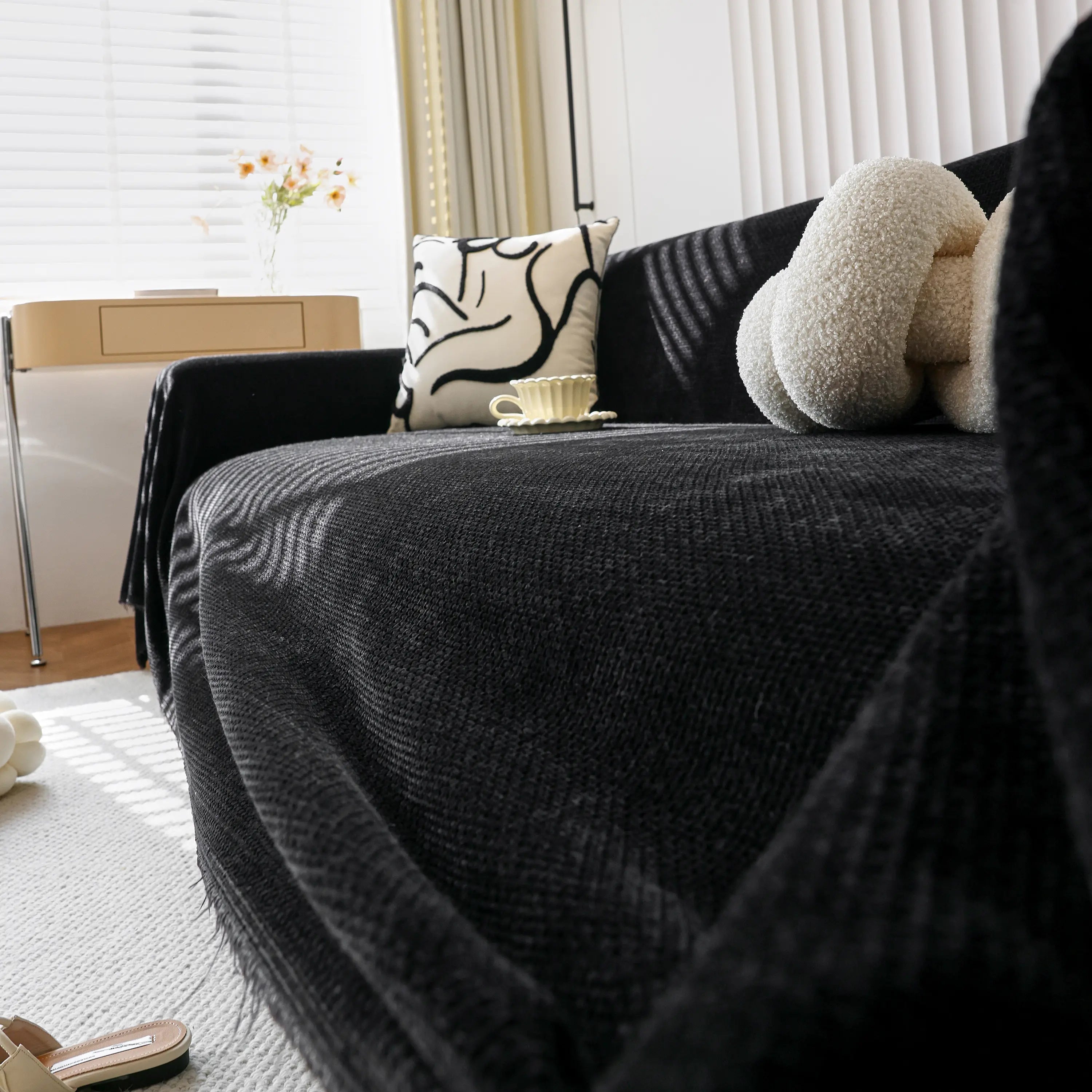 Reversible Chenille Sofa Throw with Fringe