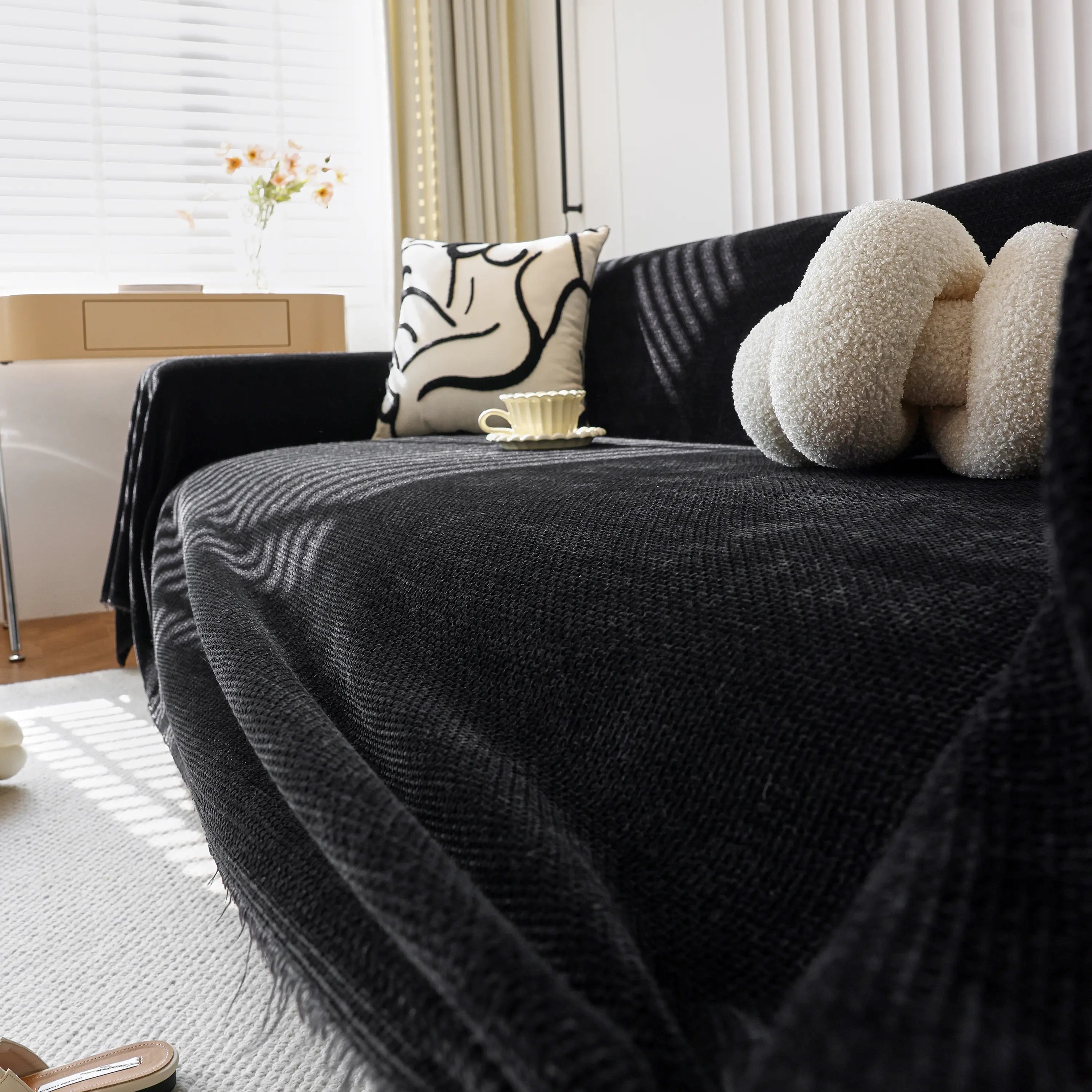 Reversible Chenille Sofa Throw with Fringe