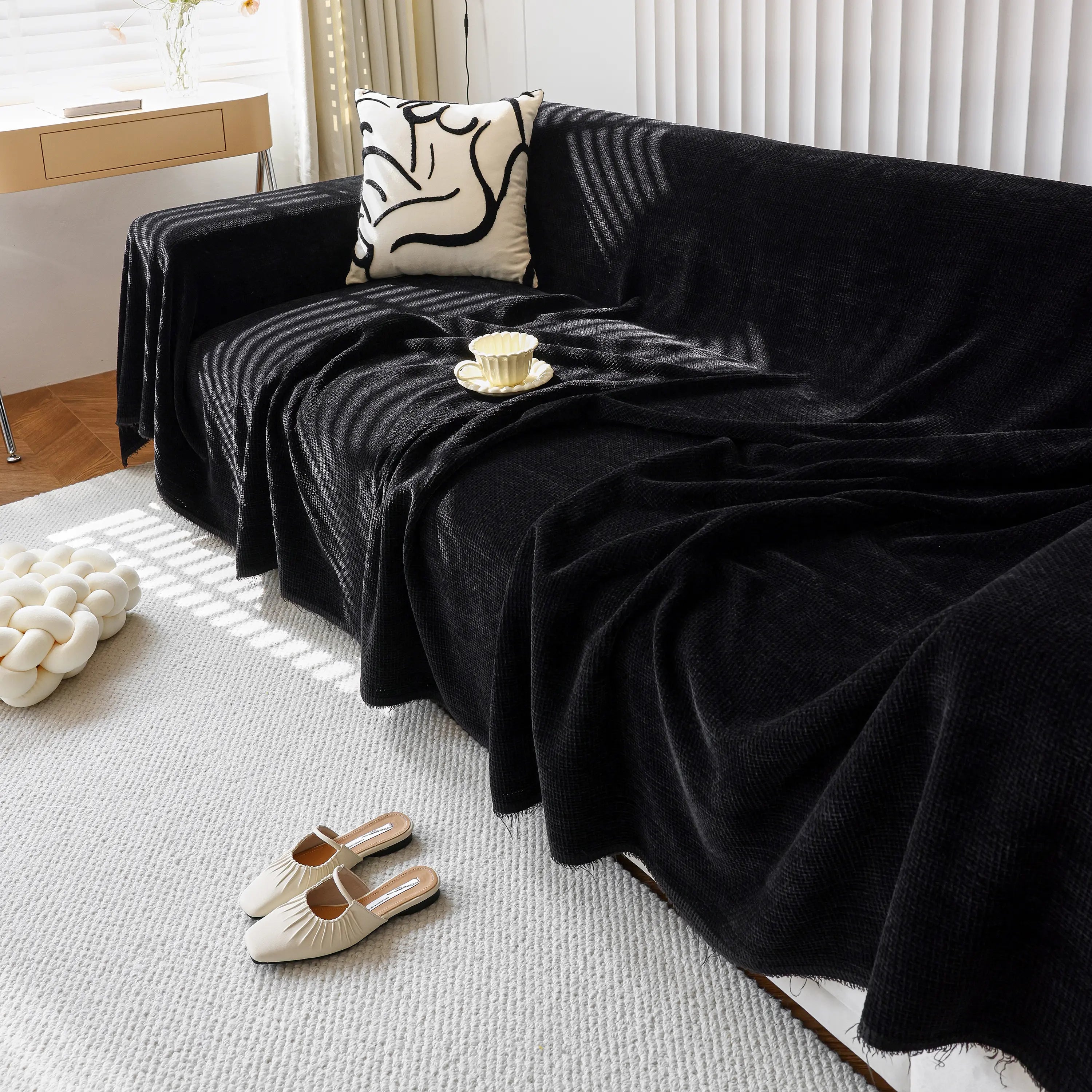 Reversible Chenille Sofa Throw with Fringe