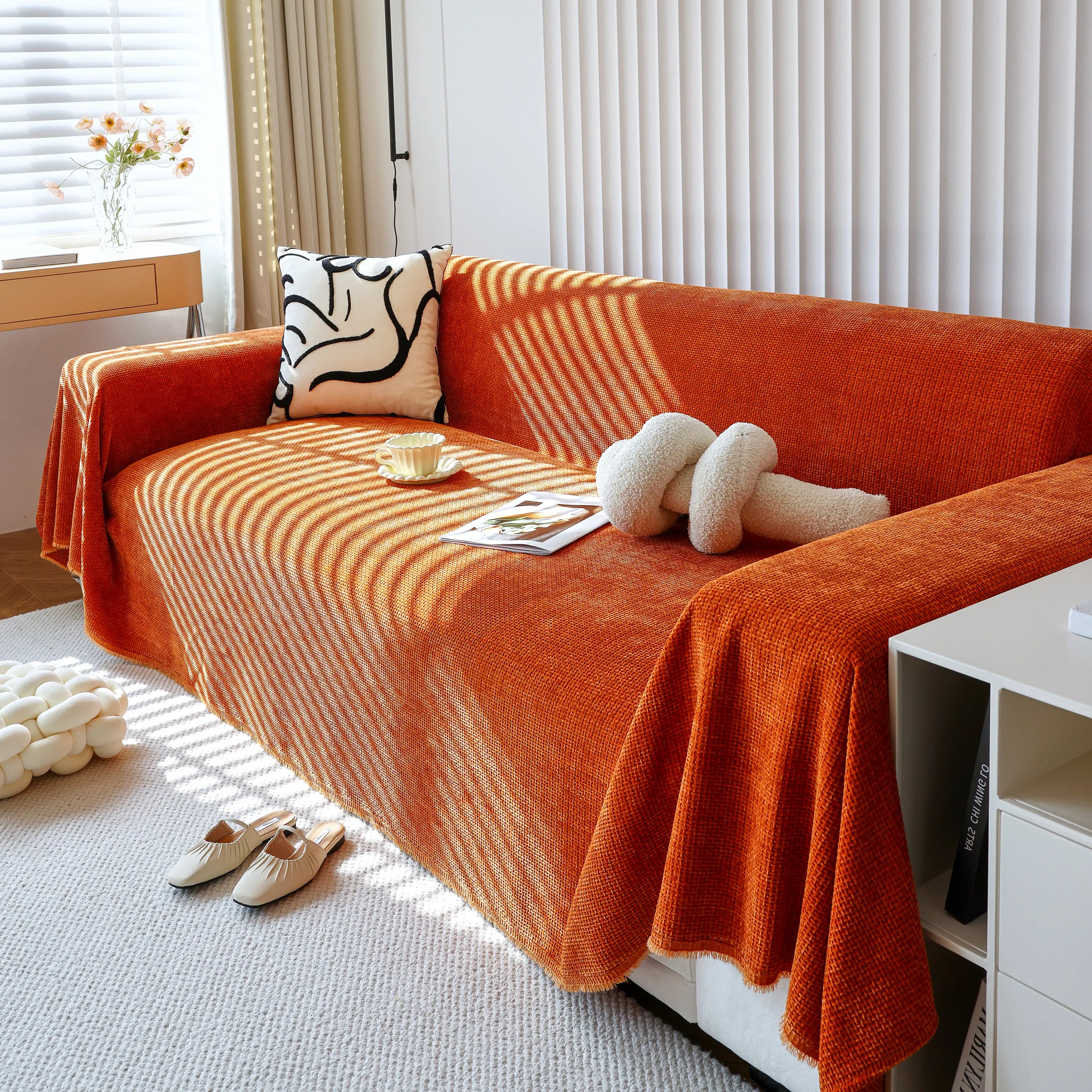 Reversible Chenille Sofa Throw with Fringe