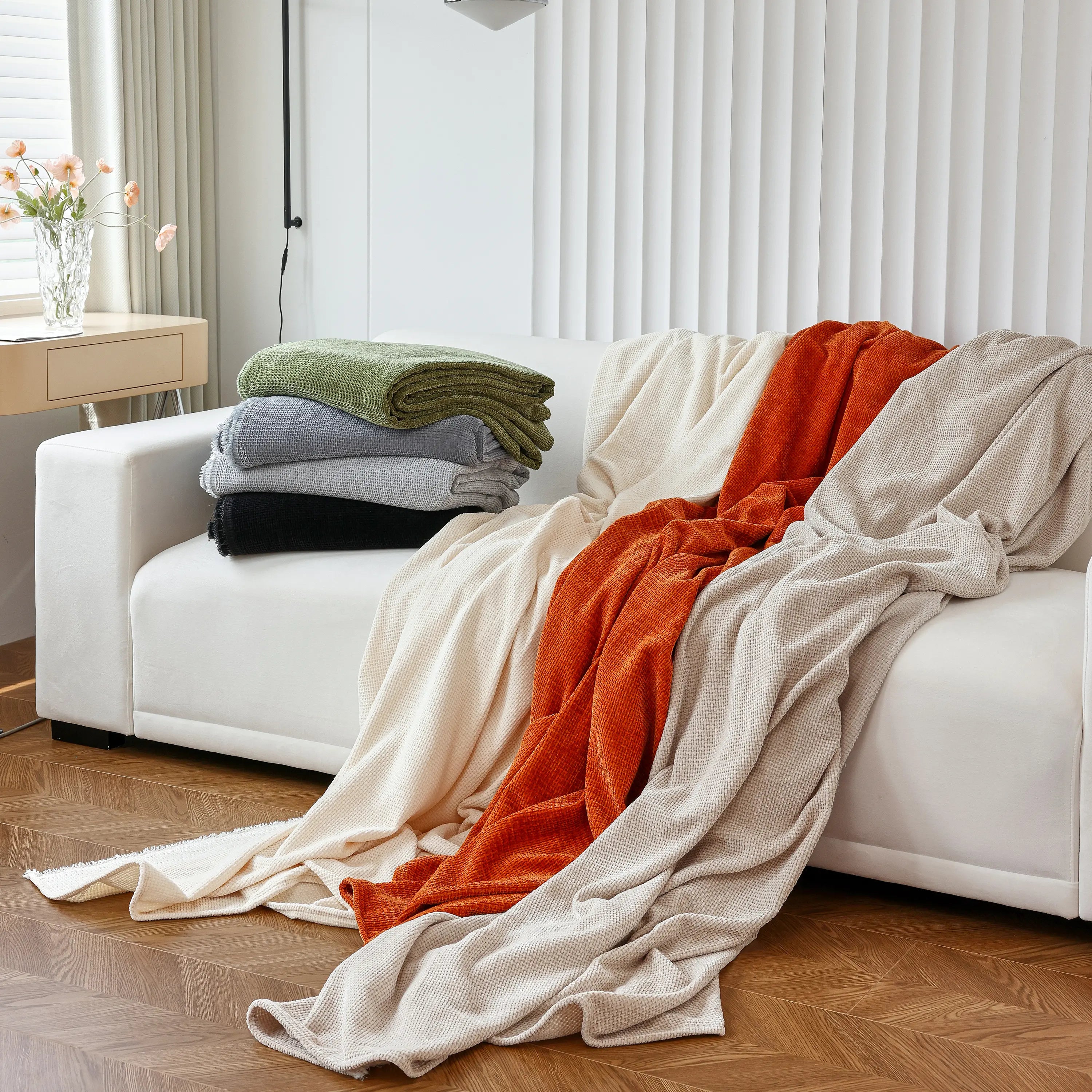Reversible Chenille Sofa Throw with Fringe