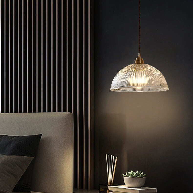 Ribbed Glass Dome Pendant with Brass Fitter