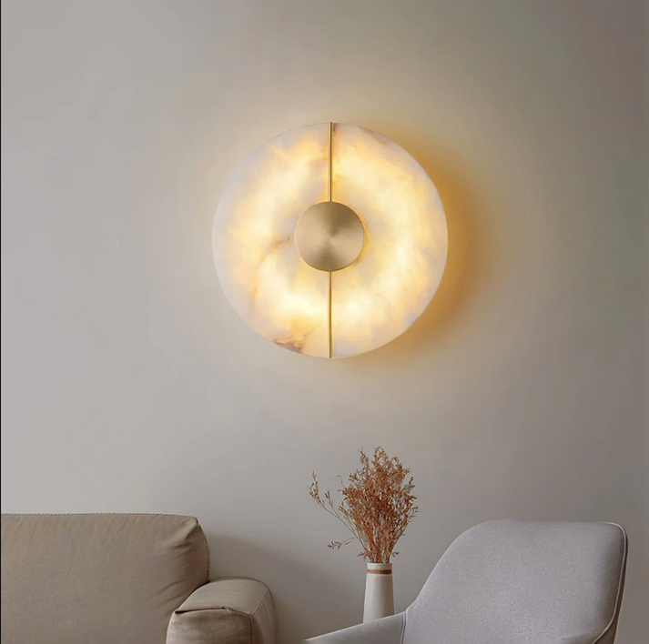 Round Marble LED Wall Sconce with Gold Accent