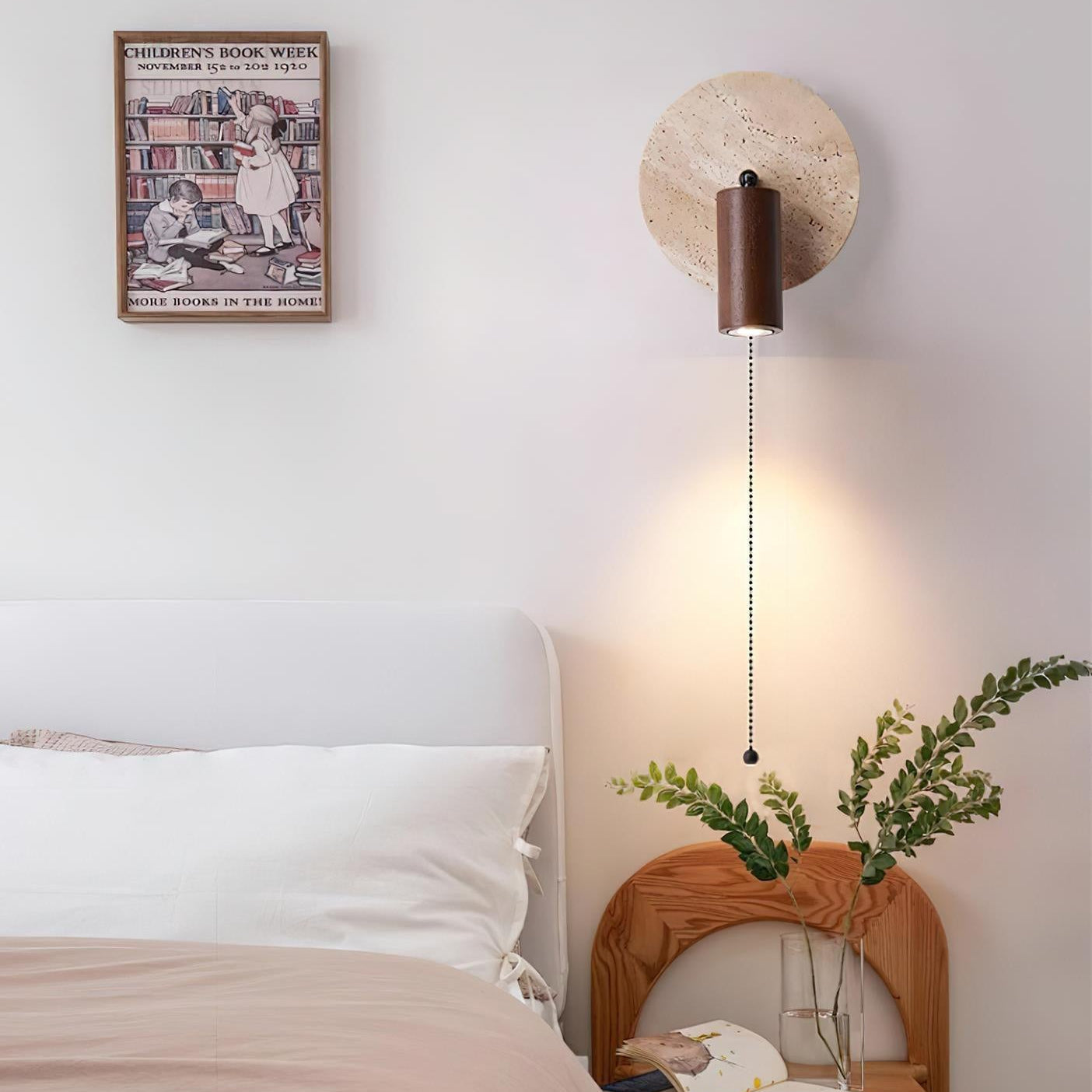 Travertine Wood Wall Sconce with Pull Chain