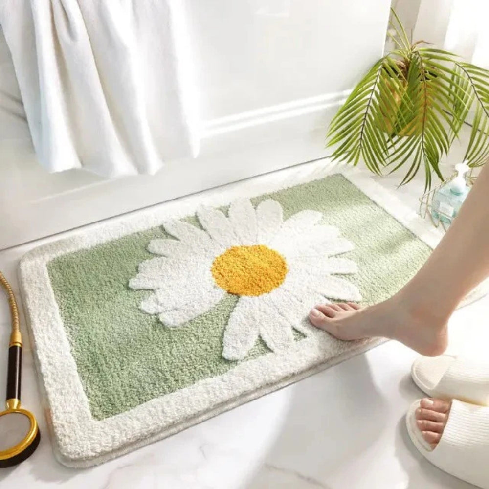 Sage Daisy Floral Bath Mat with Plush Pile