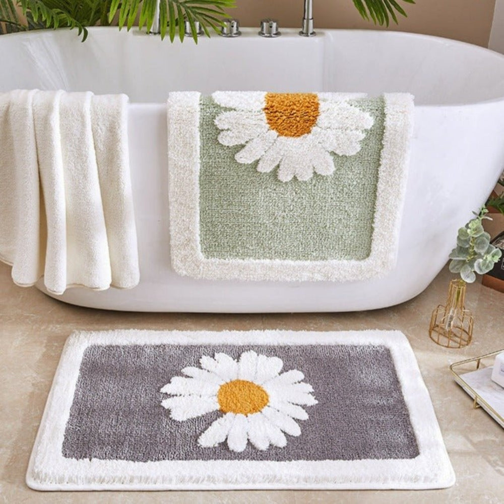 Sage Daisy Floral Bath Mat with Plush Pile