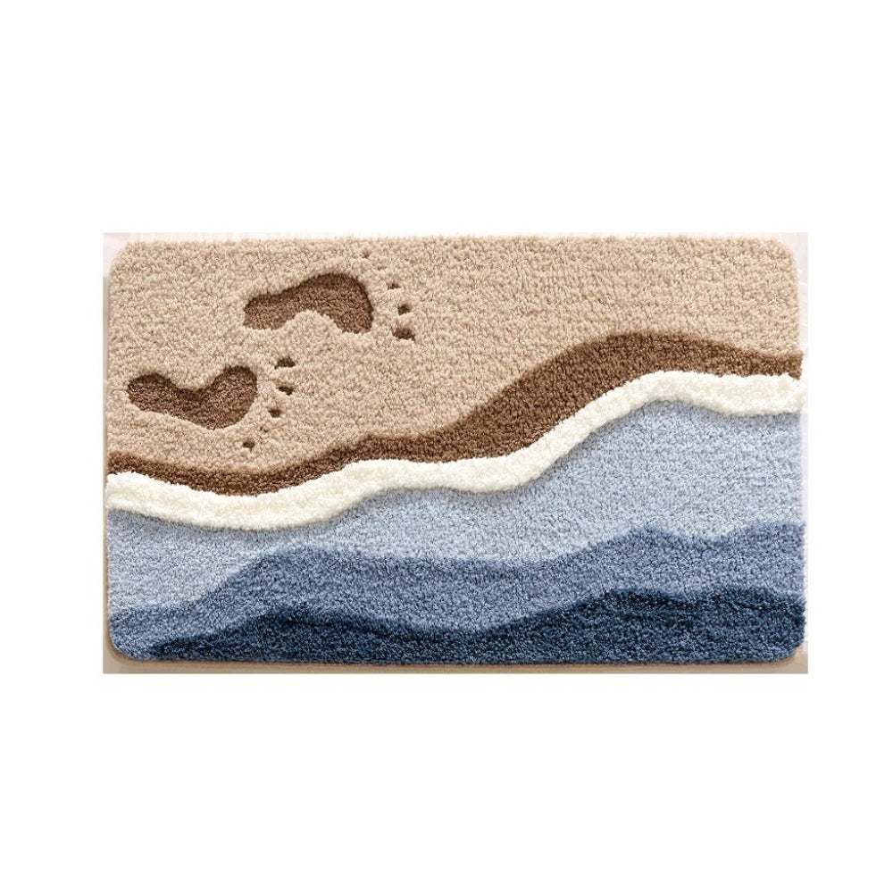 Doormat with beach design featuring waves and footprints on a white background