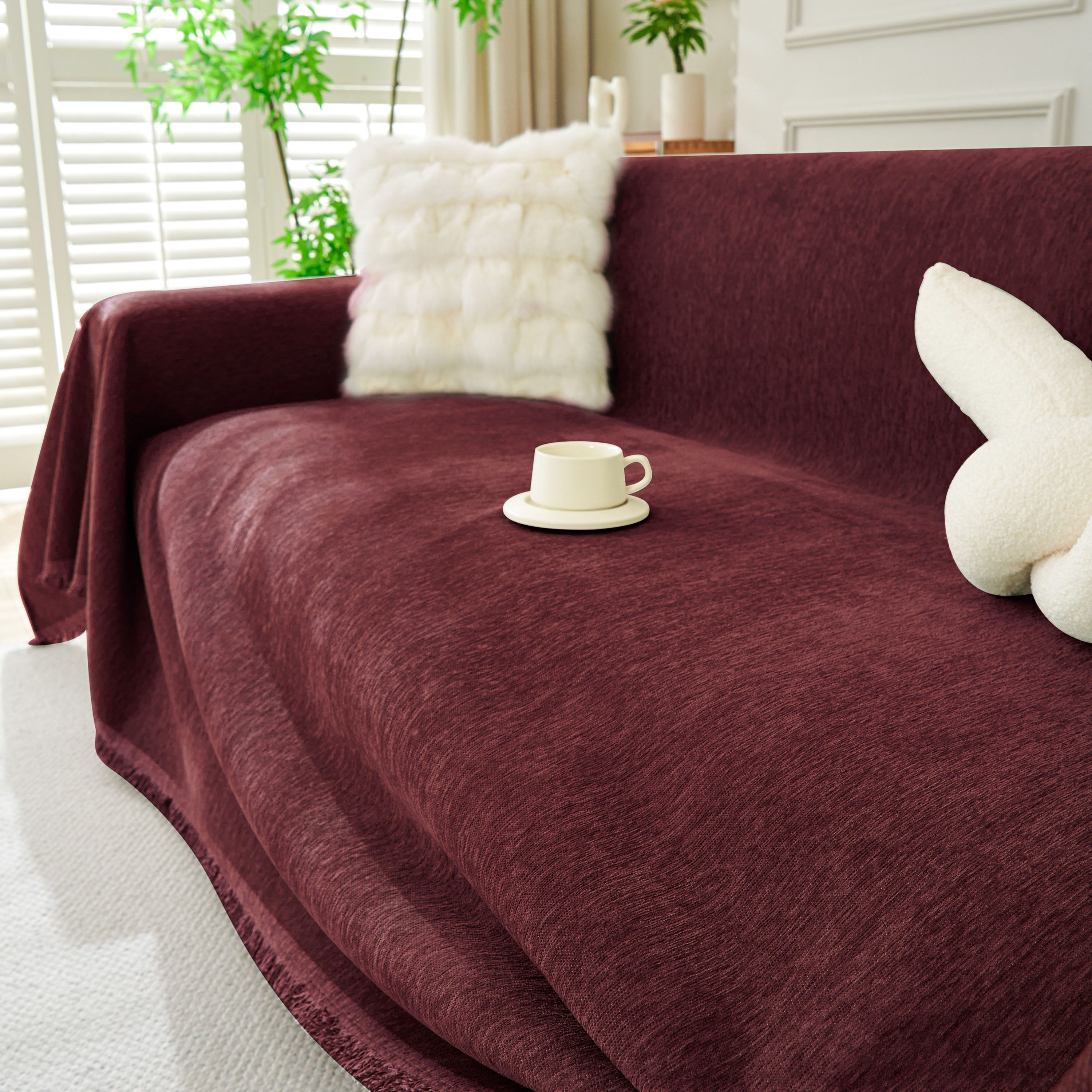 Solid Chenille Sofa Throw with Fringe Trim