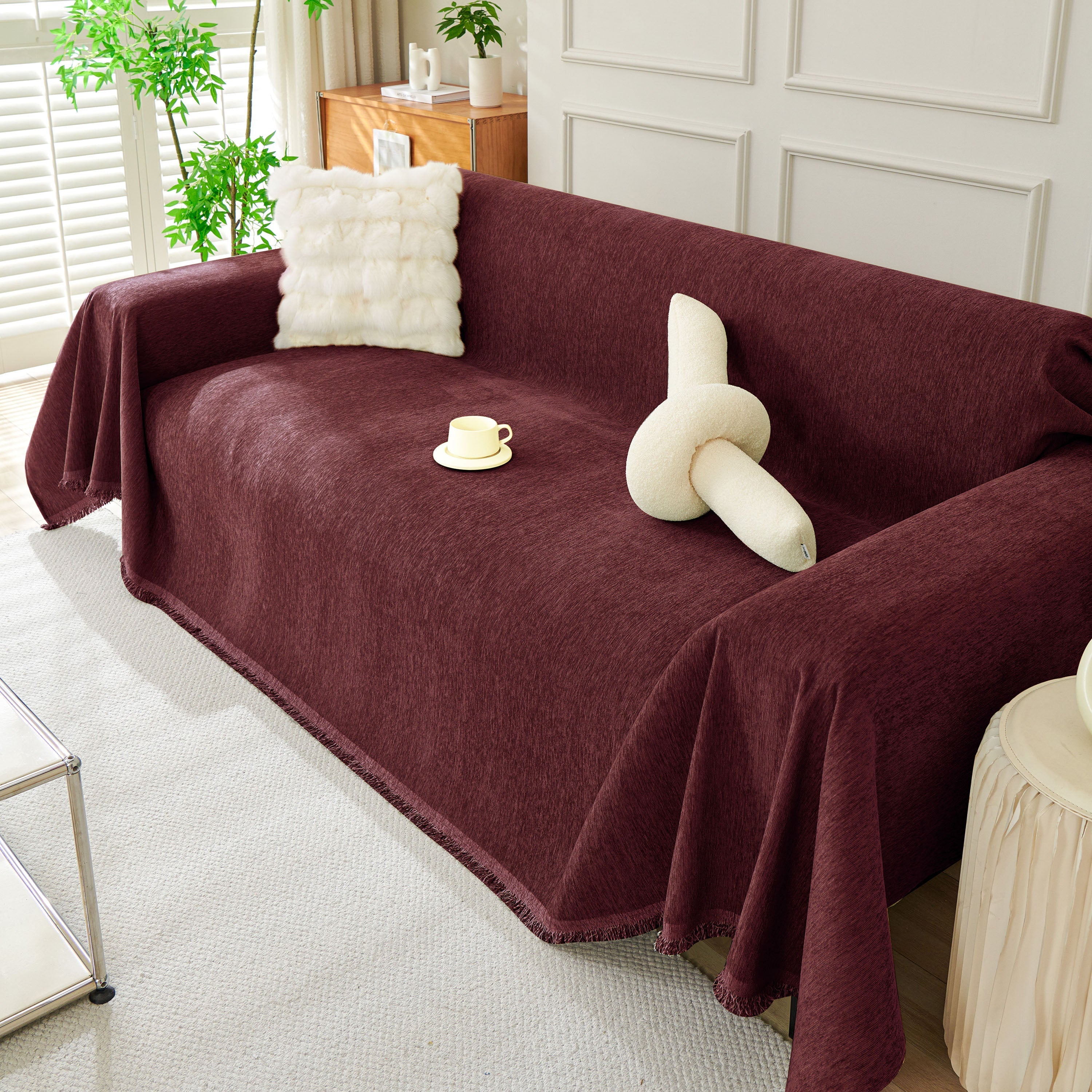 Solid Chenille Sofa Throw with Fringe Trim