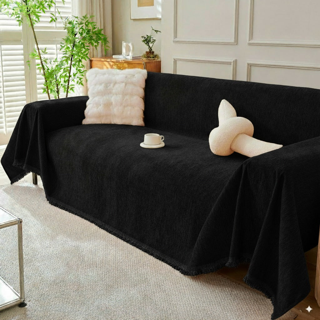 Solid Chenille Sofa Throw with Fringe Trim