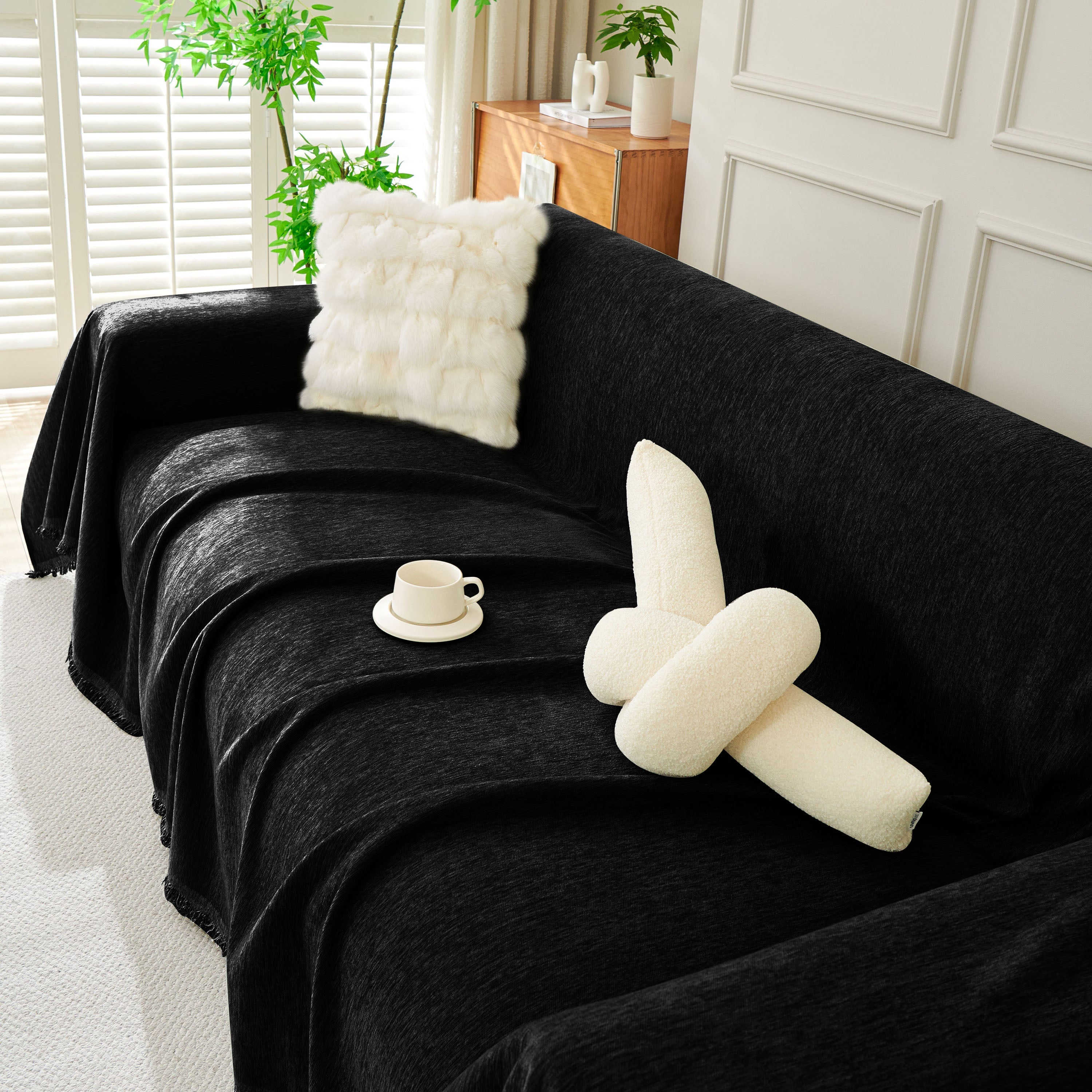 Solid Chenille Sofa Throw with Fringe Trim
