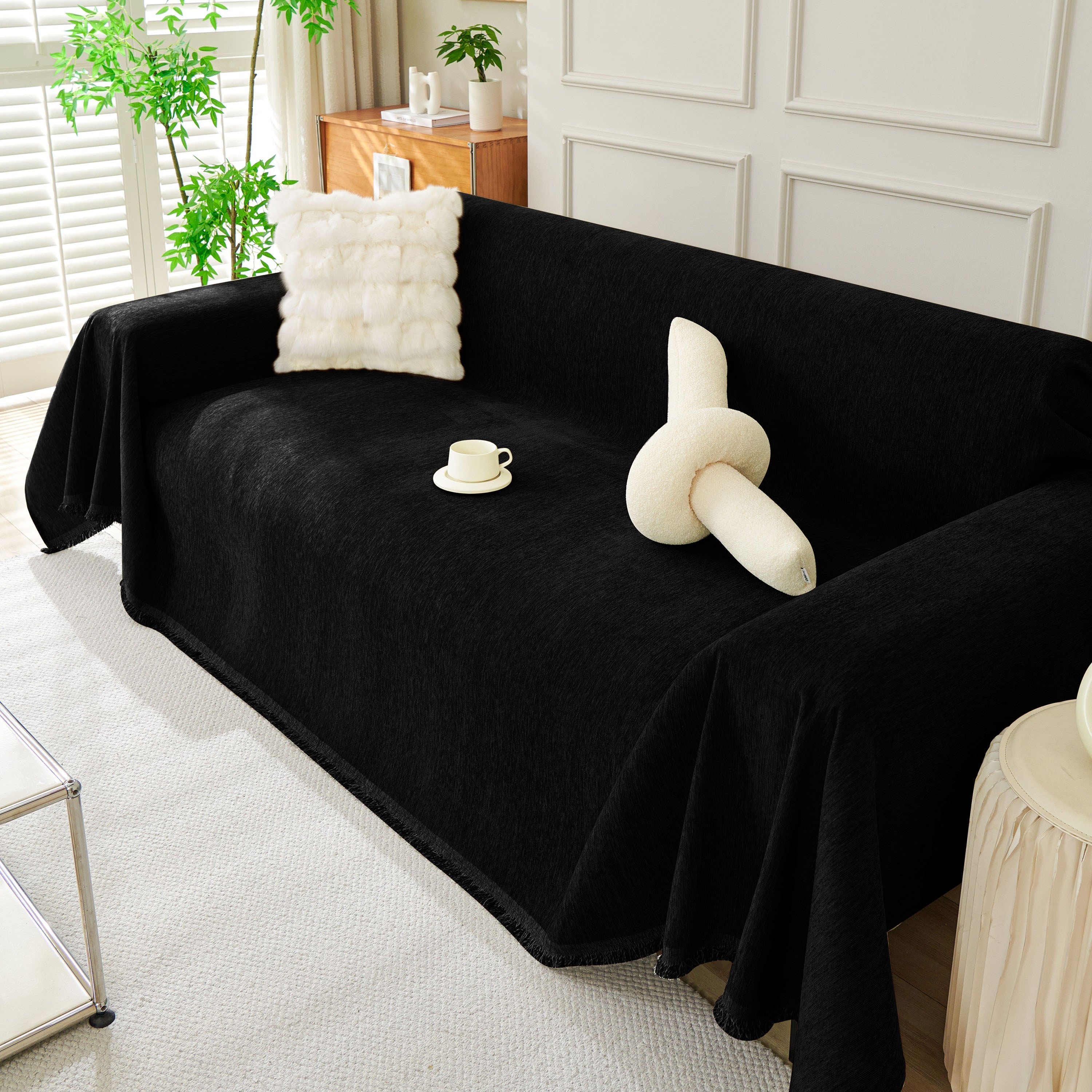Solid Chenille Sofa Throw with Fringe Trim