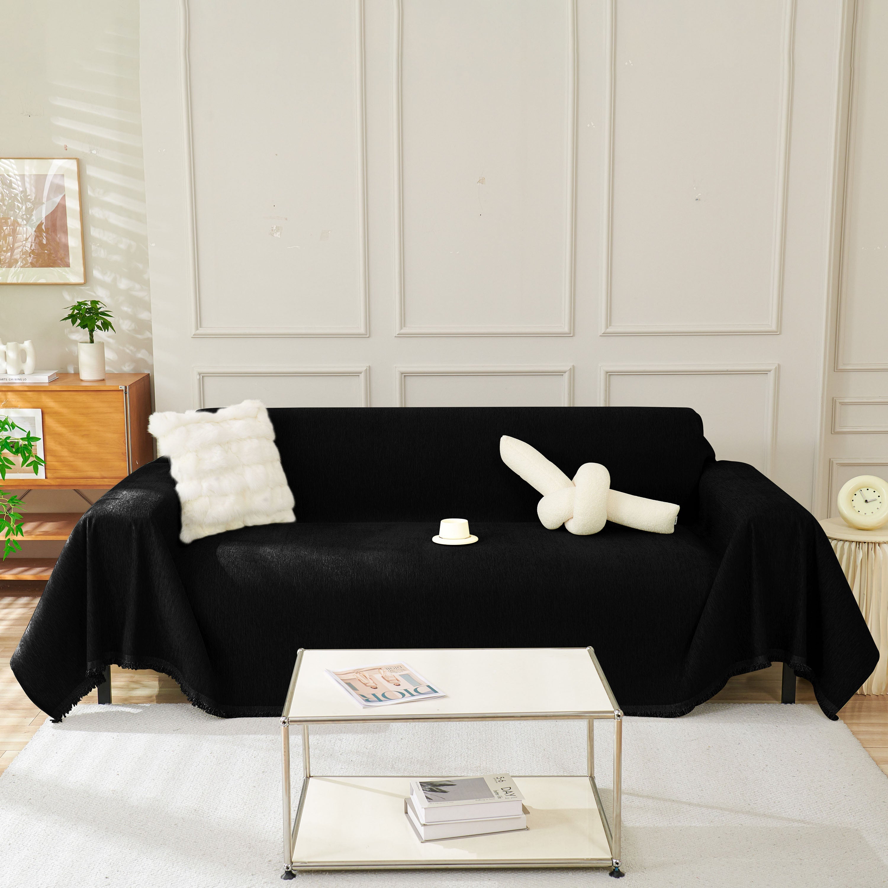 Solid Chenille Sofa Throw with Fringe Trim