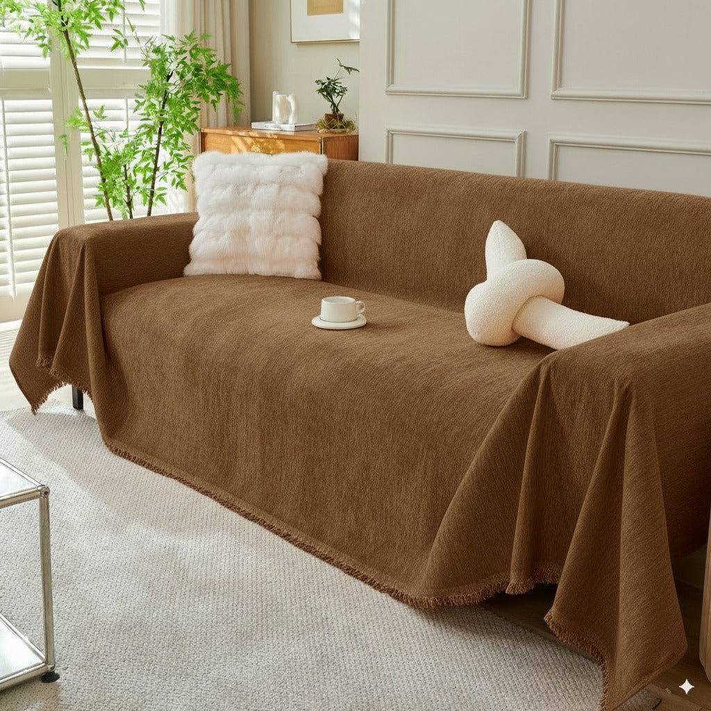 Solid Chenille Sofa Throw with Fringe Trim