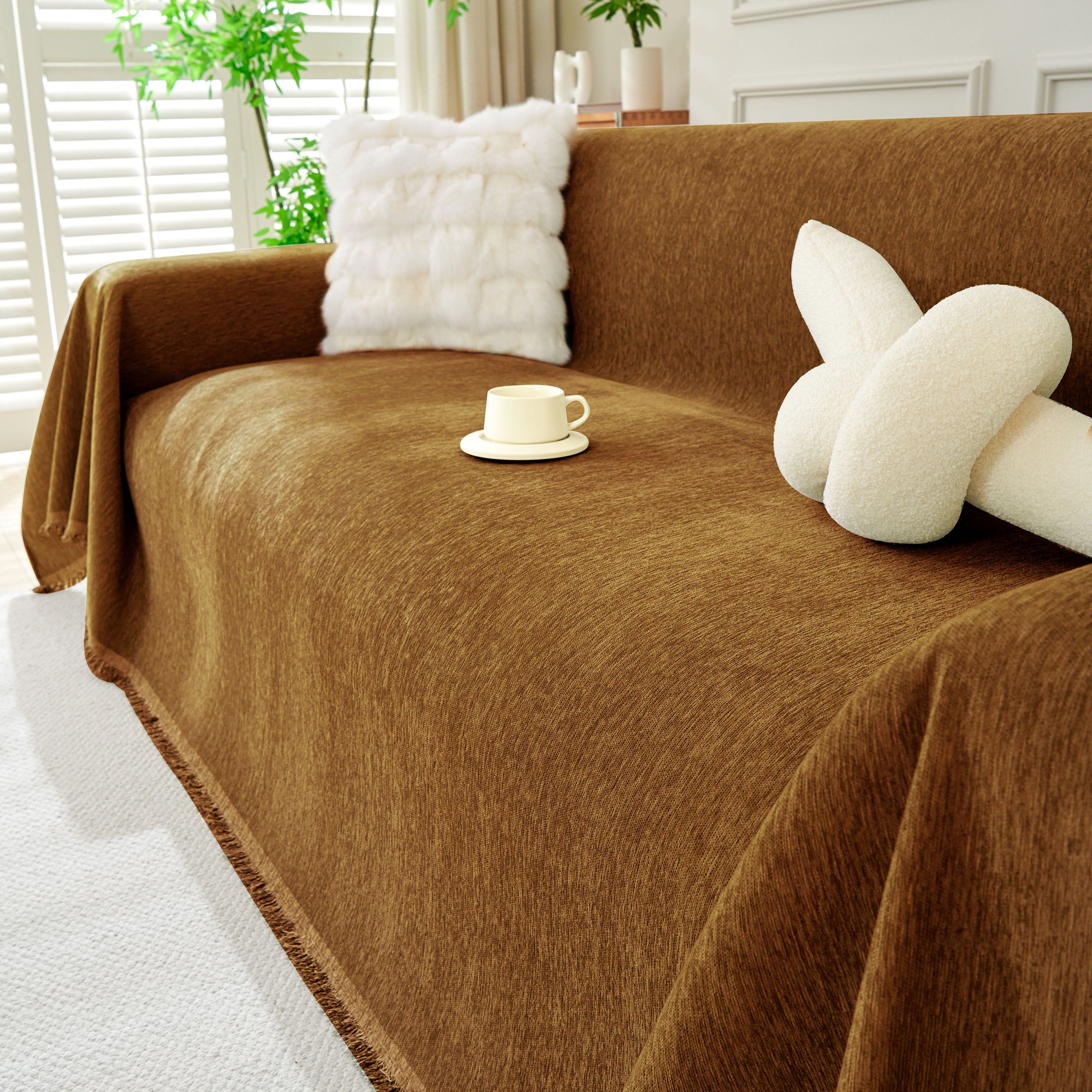 Solid Chenille Sofa Throw with Fringe Trim