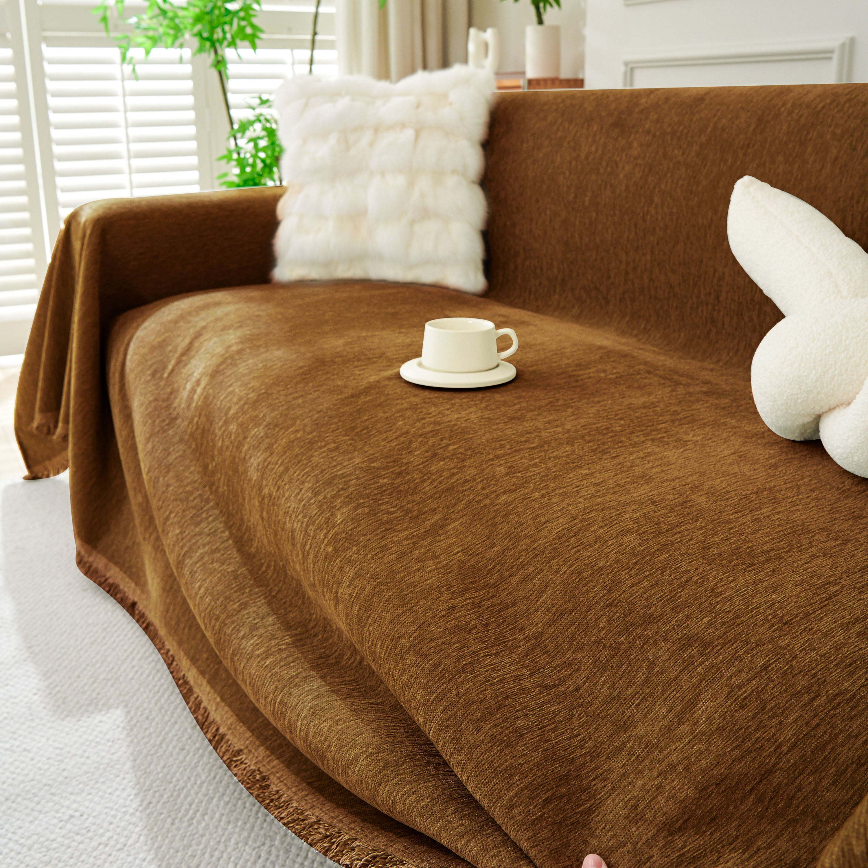 Solid Chenille Sofa Throw with Fringe Trim