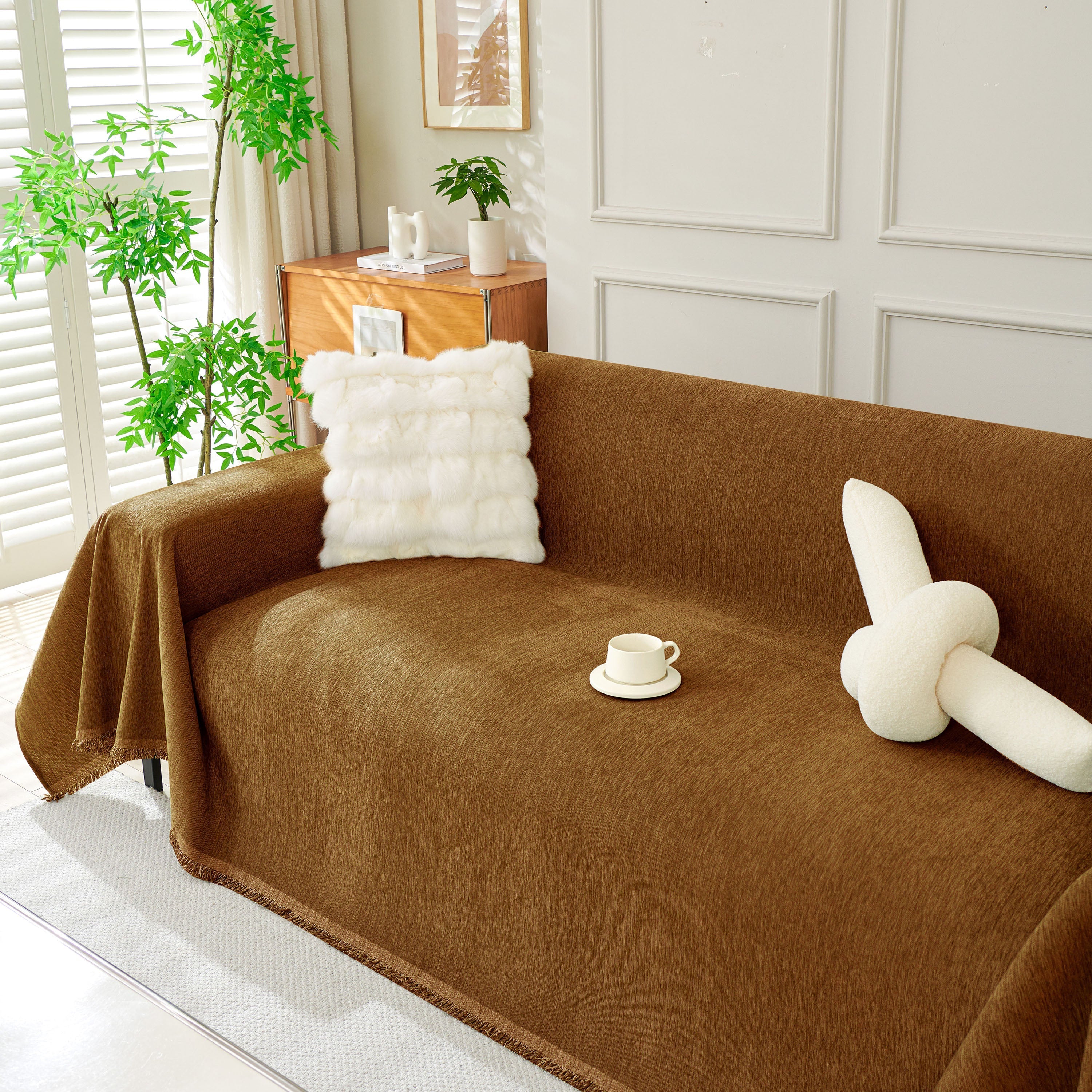 Solid Chenille Sofa Throw with Fringe Trim