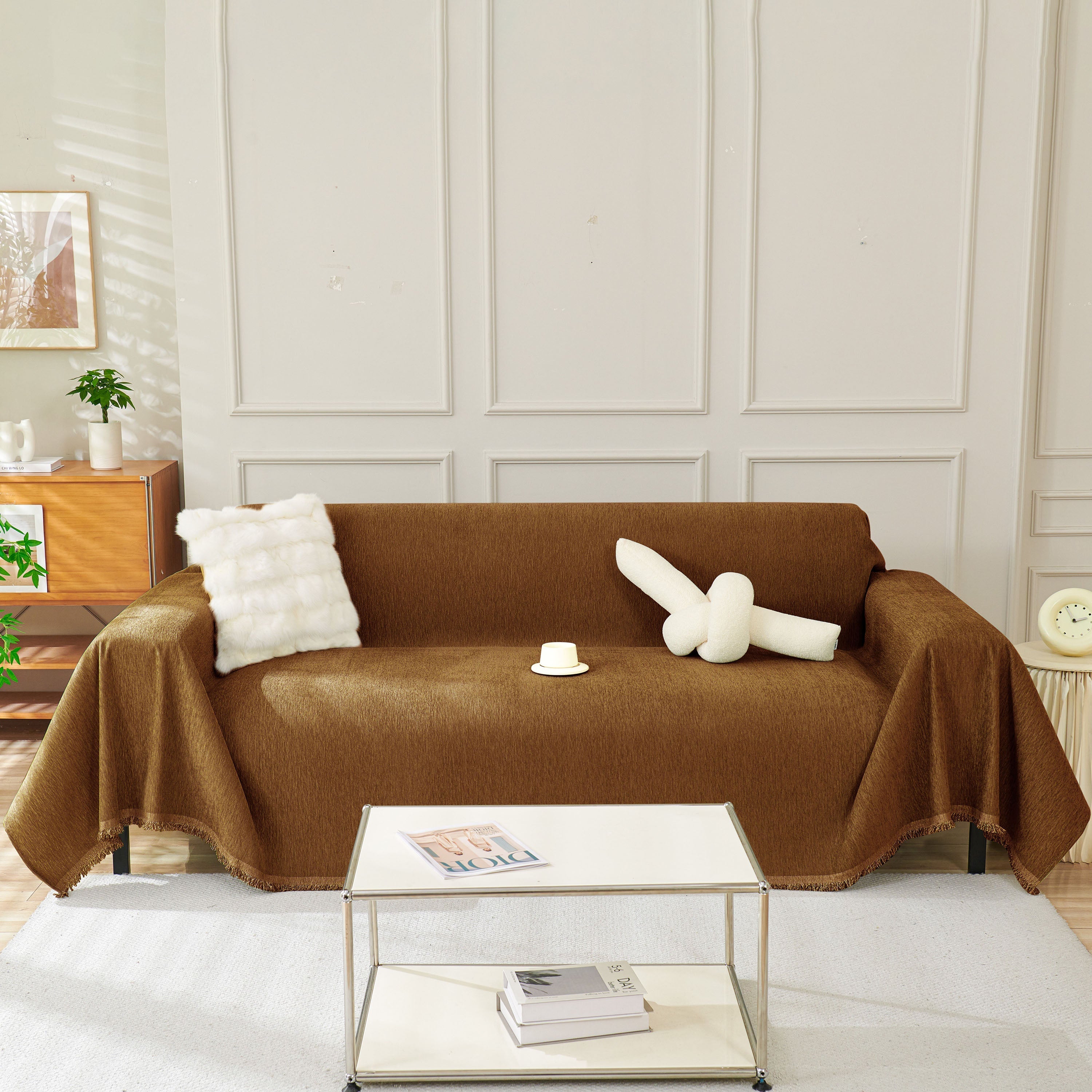 Solid Chenille Sofa Throw with Fringe Trim