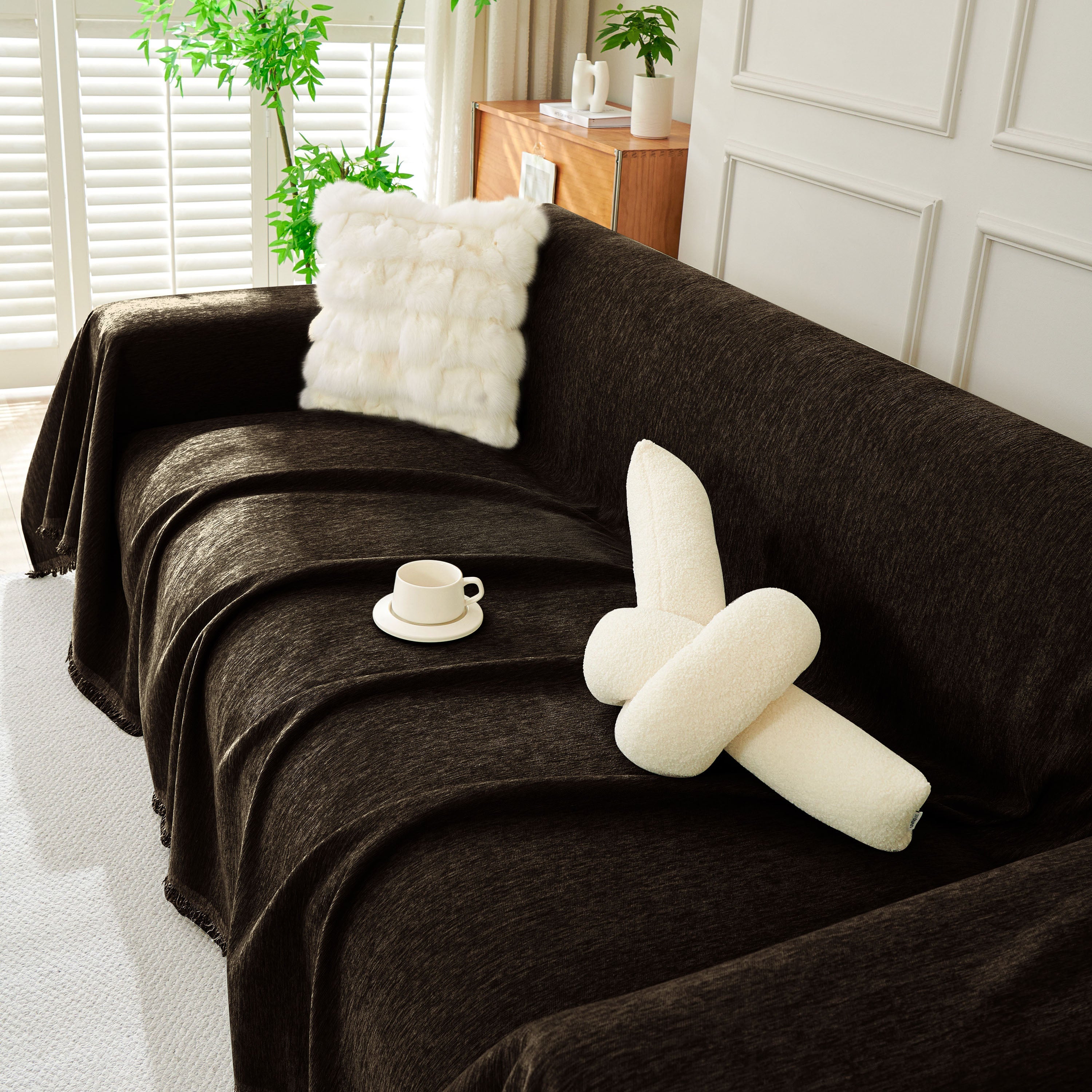 Solid Chenille Sofa Throw with Fringe Trim