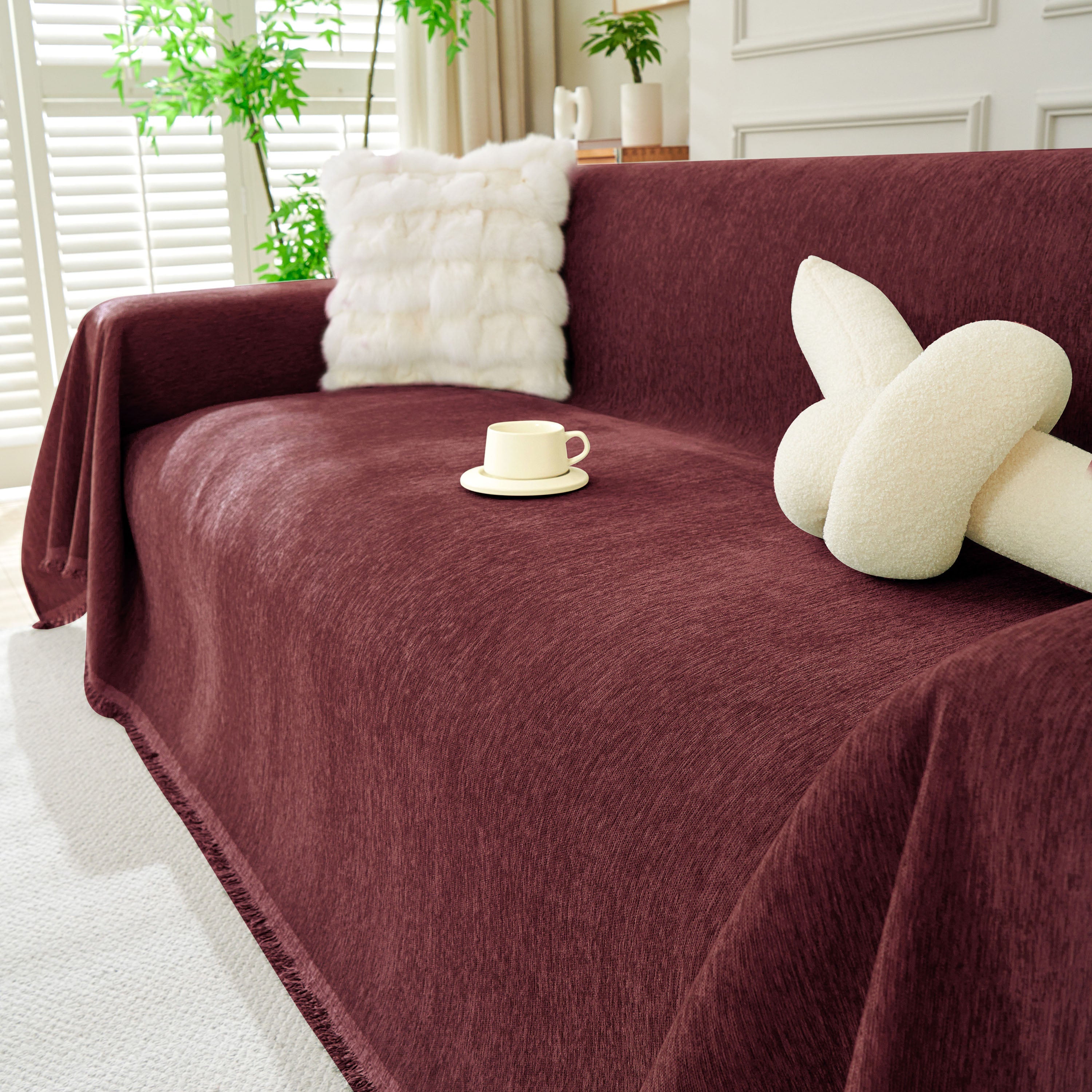Solid Chenille Sofa Throw with Fringe Trim