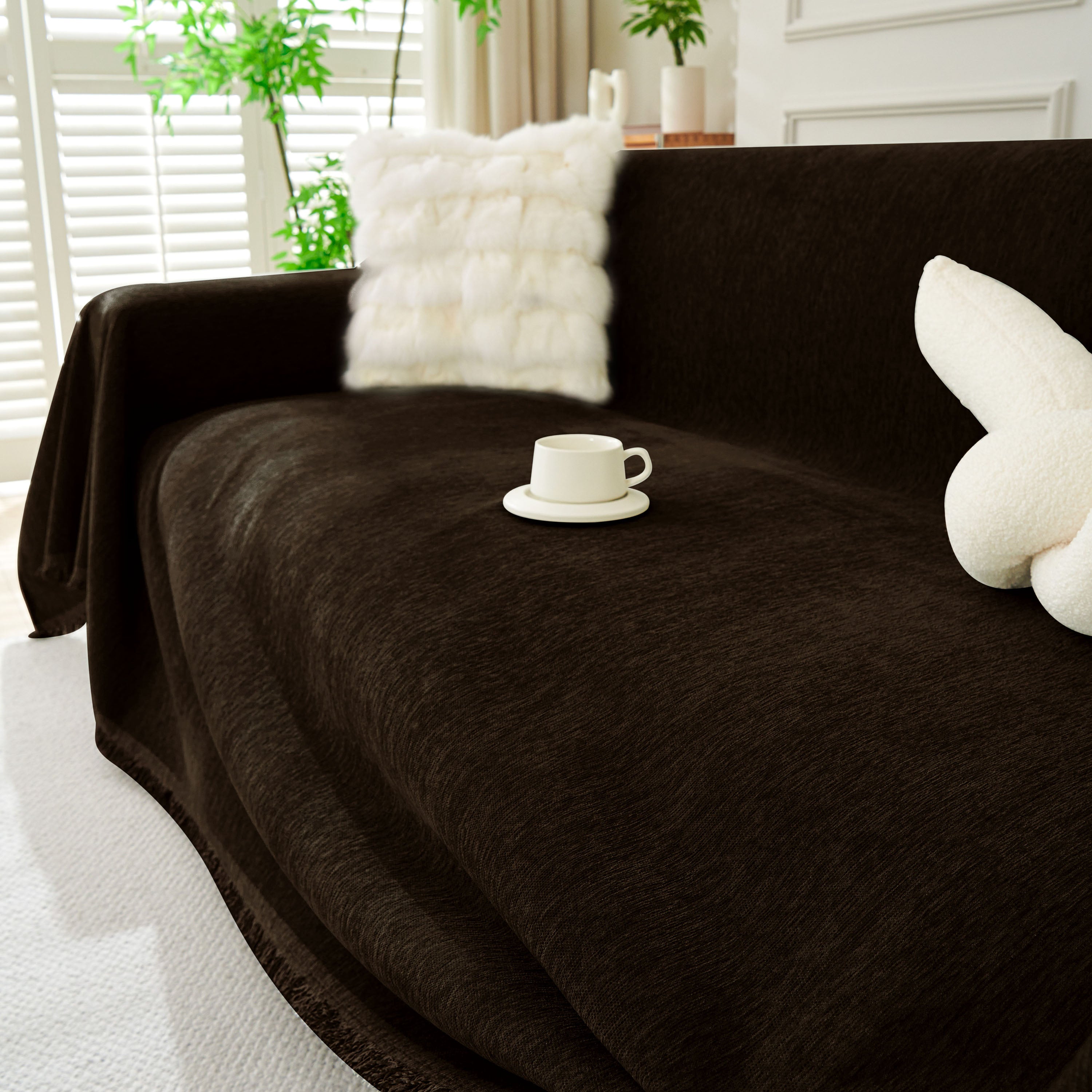 Solid Chenille Sofa Throw with Fringe Trim