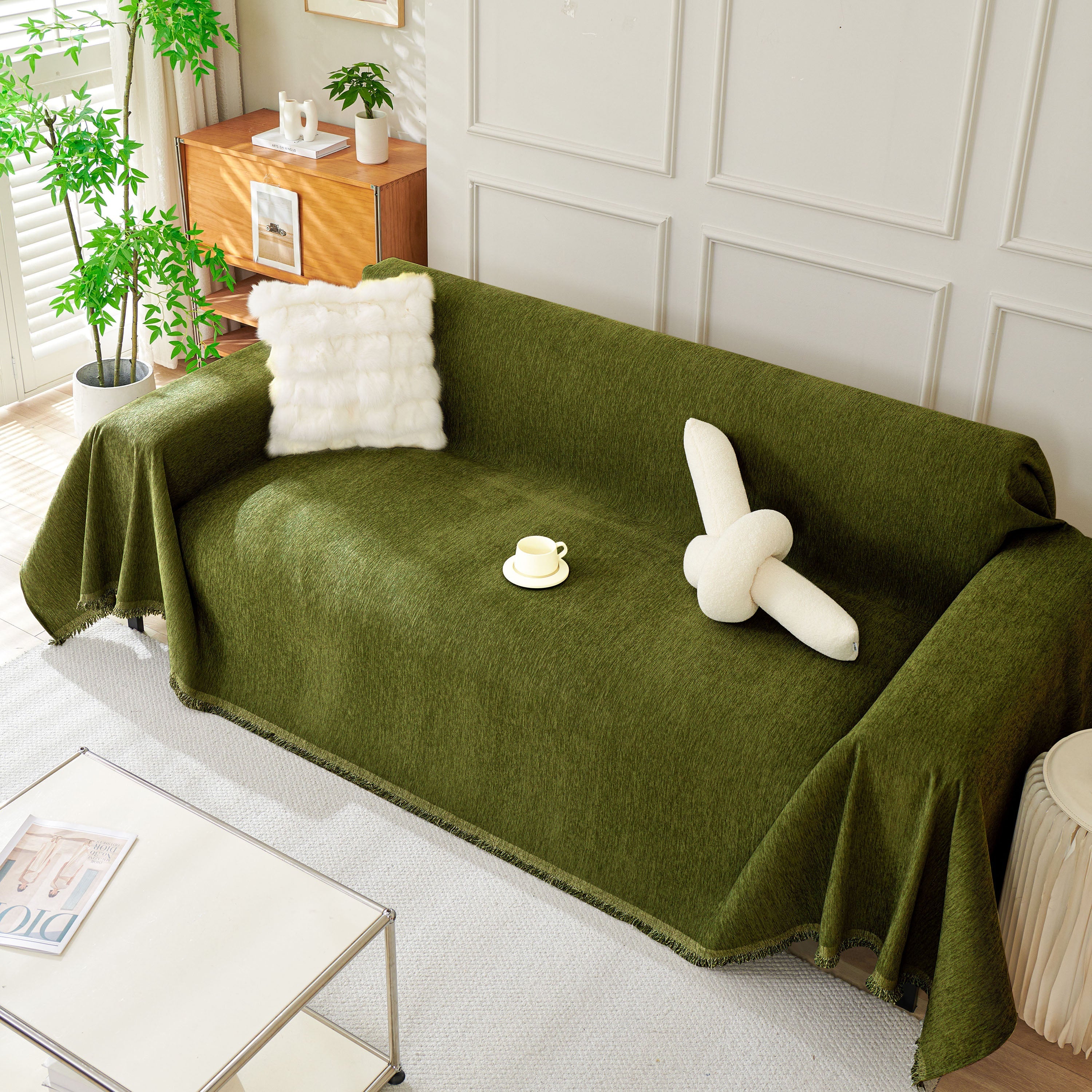 Solid Chenille Sofa Throw with Fringe Trim