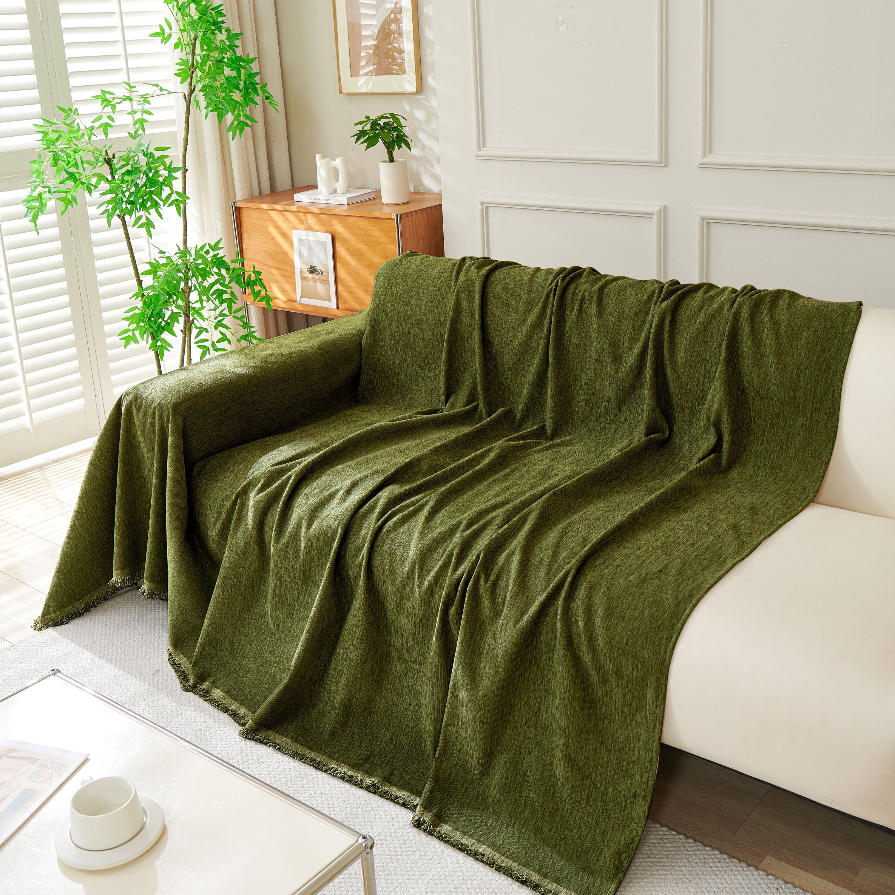 Solid Chenille Sofa Throw with Fringe Trim