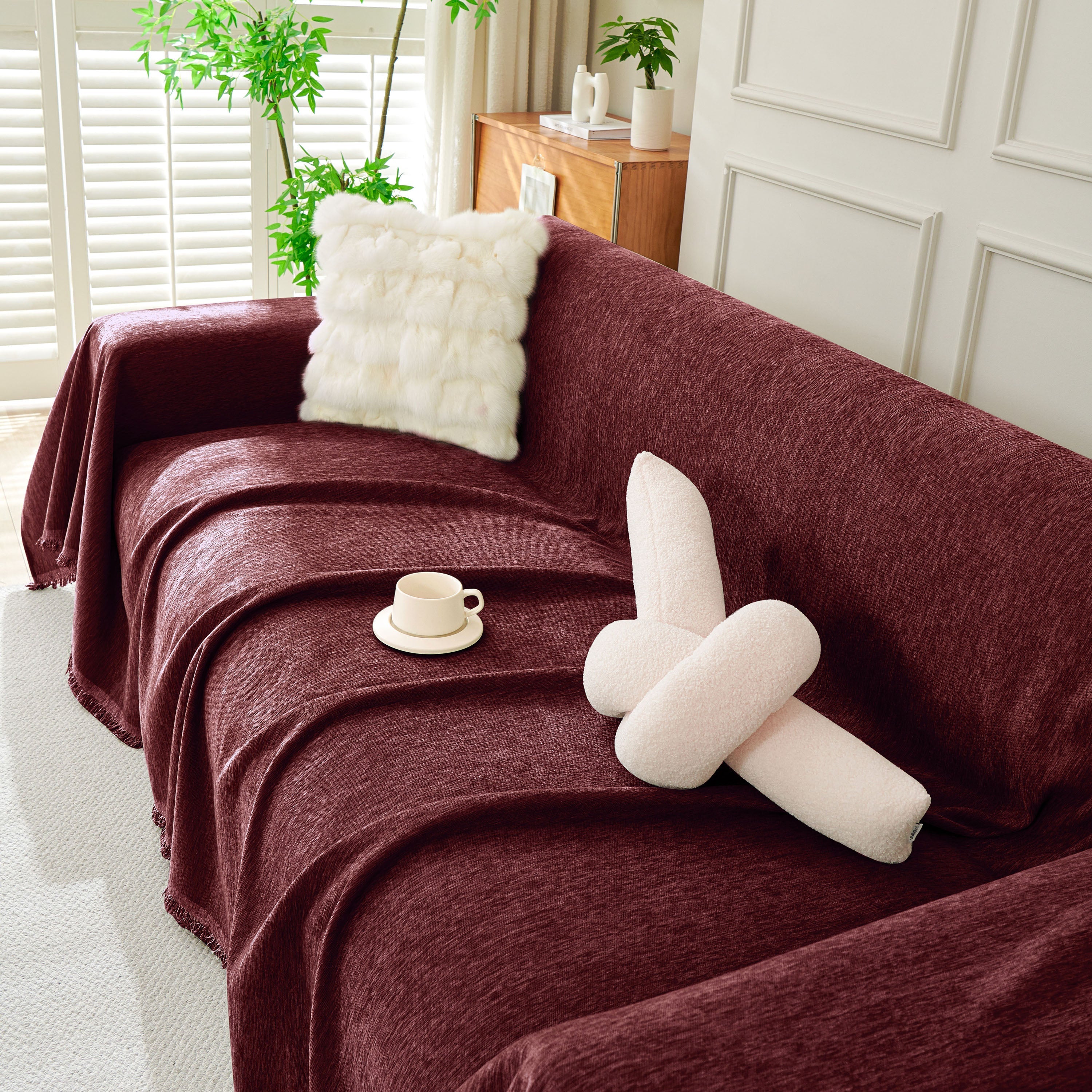 Solid Chenille Sofa Throw with Fringe Trim