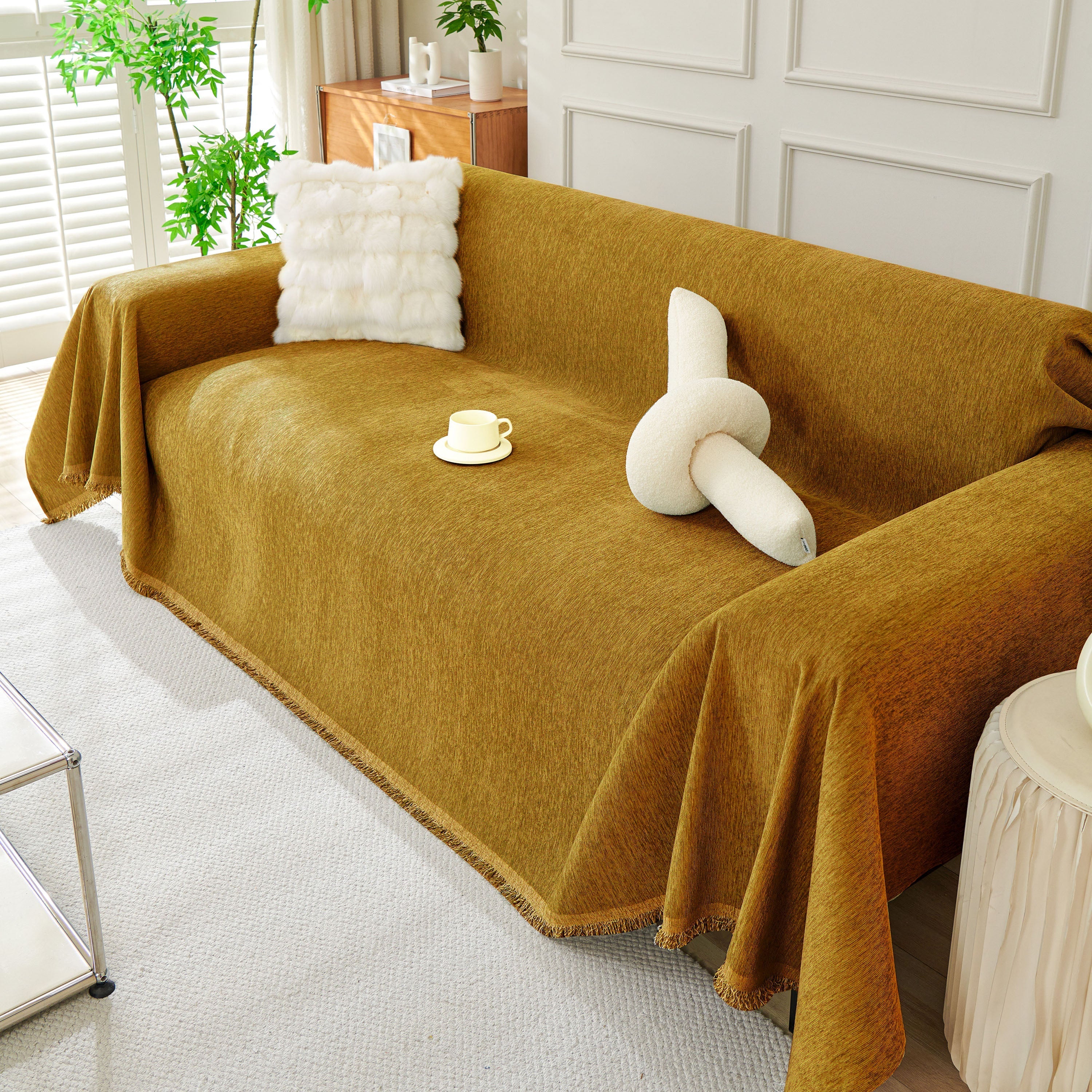 Solid Chenille Sofa Throw with Fringed Edge