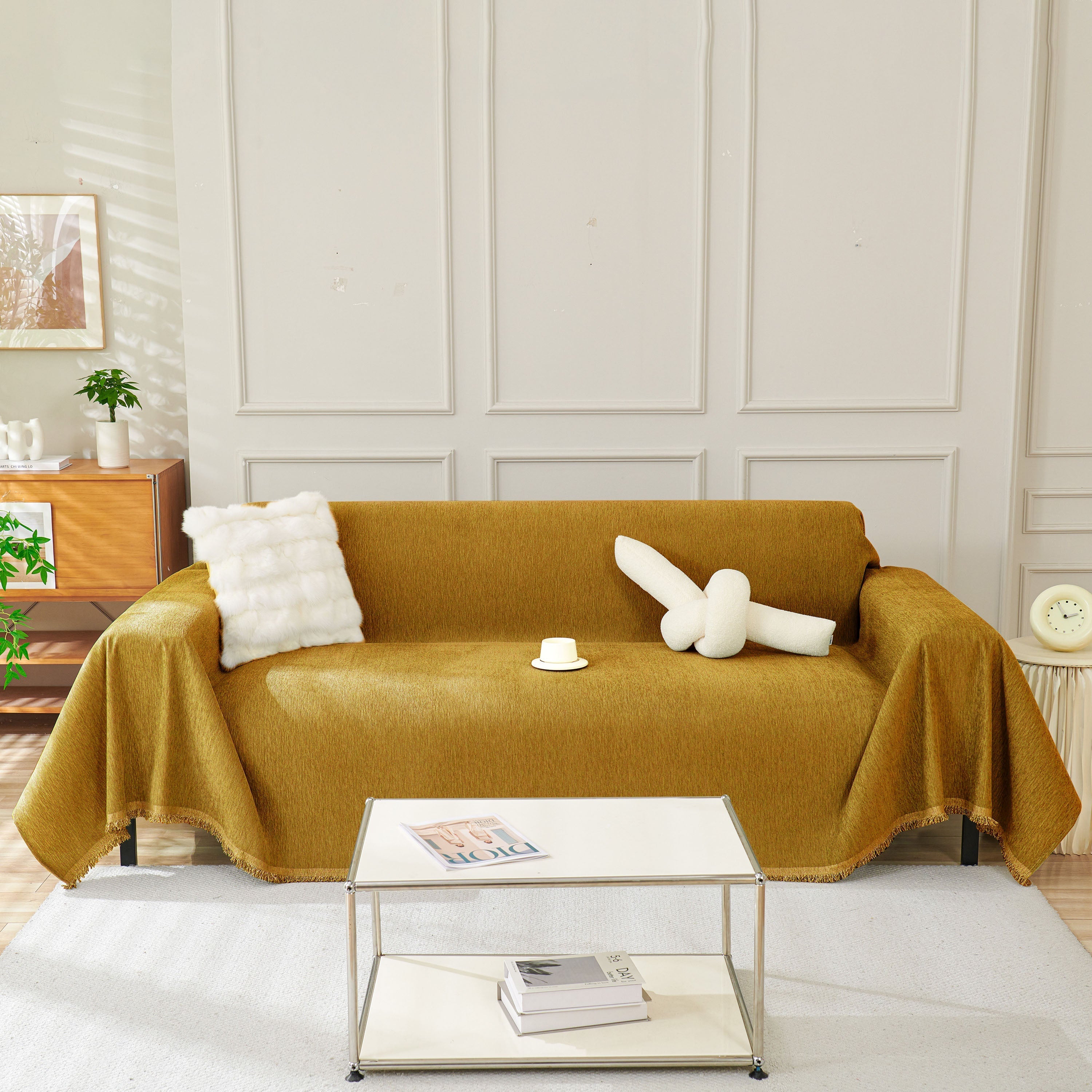 Solid Chenille Sofa Throw with Fringed Edge