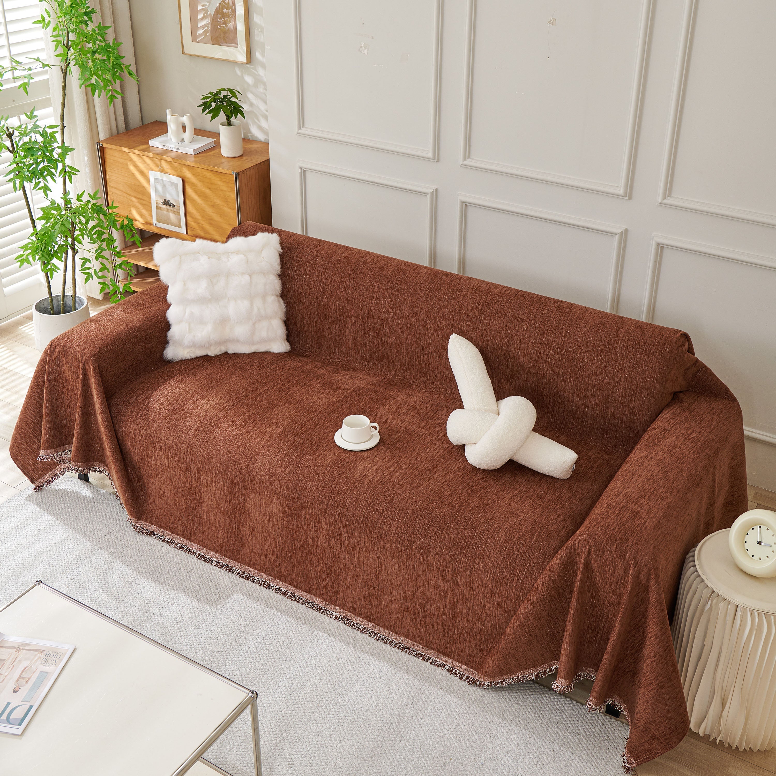 Solid Chenille Sofa Throw with Fringed Edge