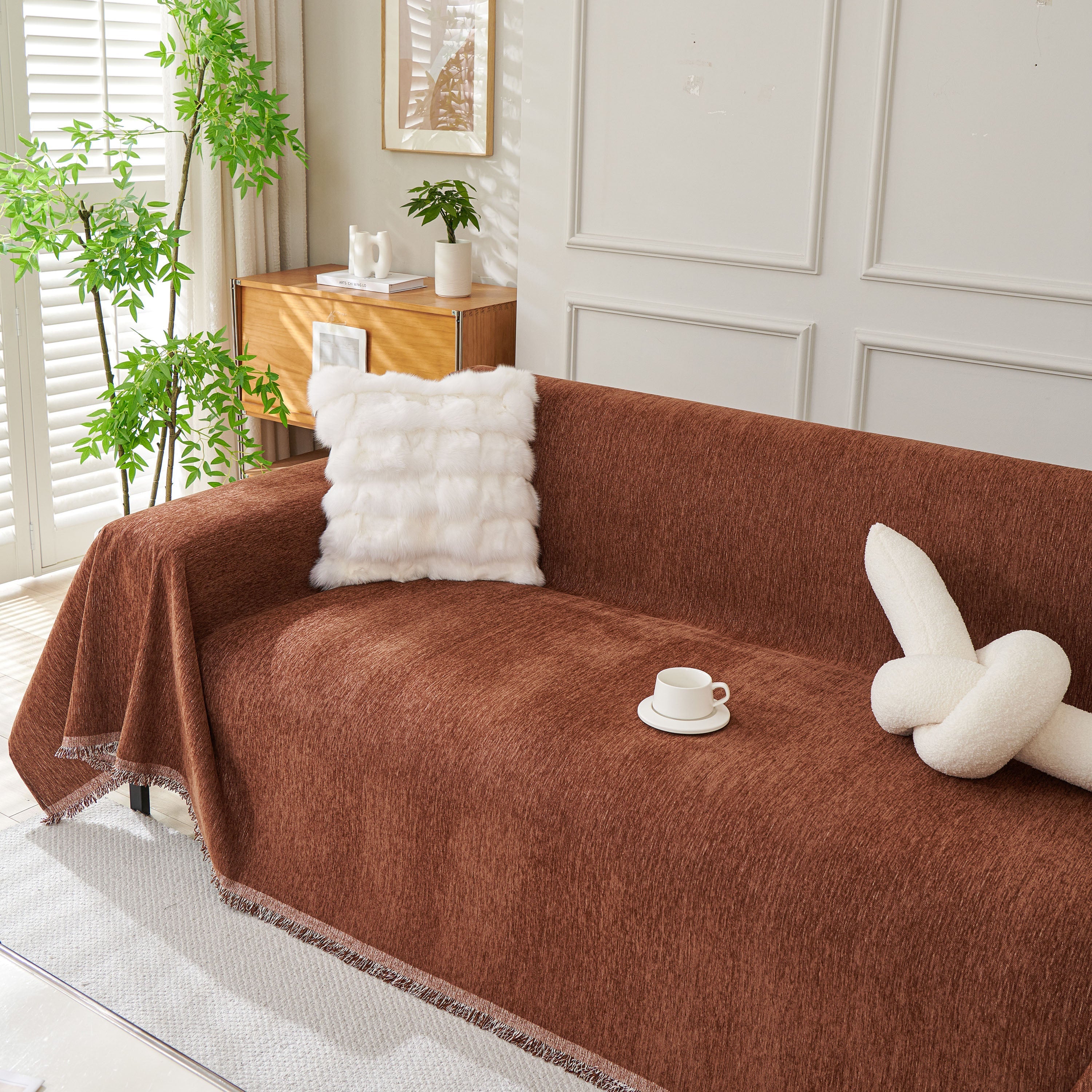 Solid Chenille Sofa Throw with Fringed Edge