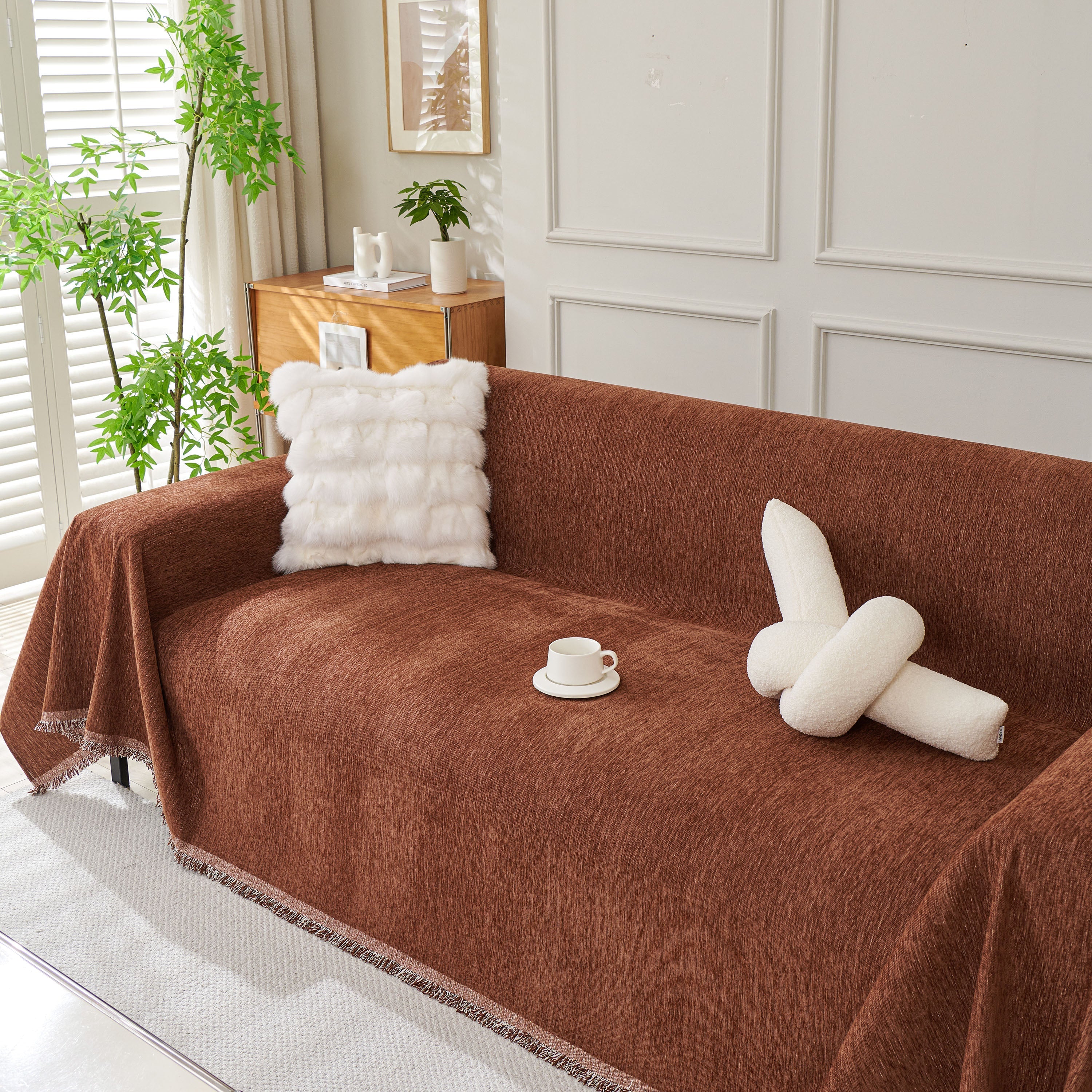 Solid Chenille Sofa Throw with Fringed Edge