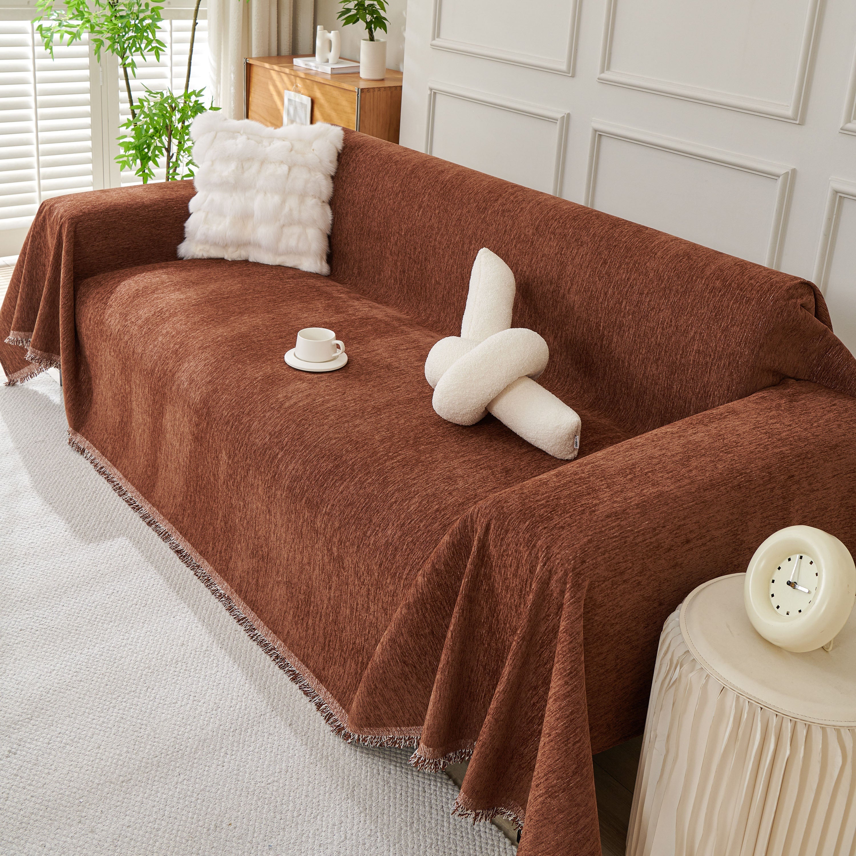 Solid Chenille Sofa Throw with Fringed Edge