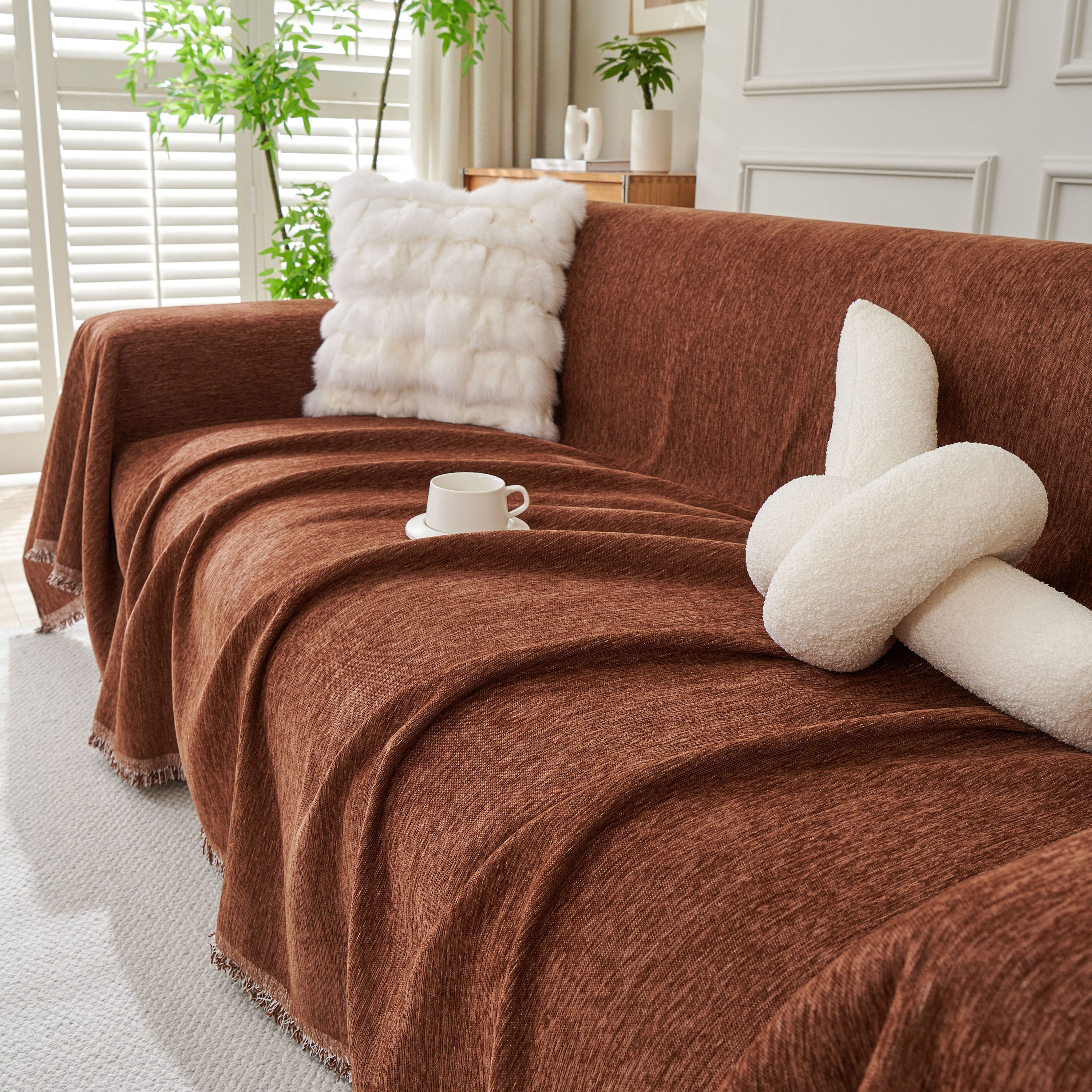 Solid Chenille Sofa Throw with Fringed Edge