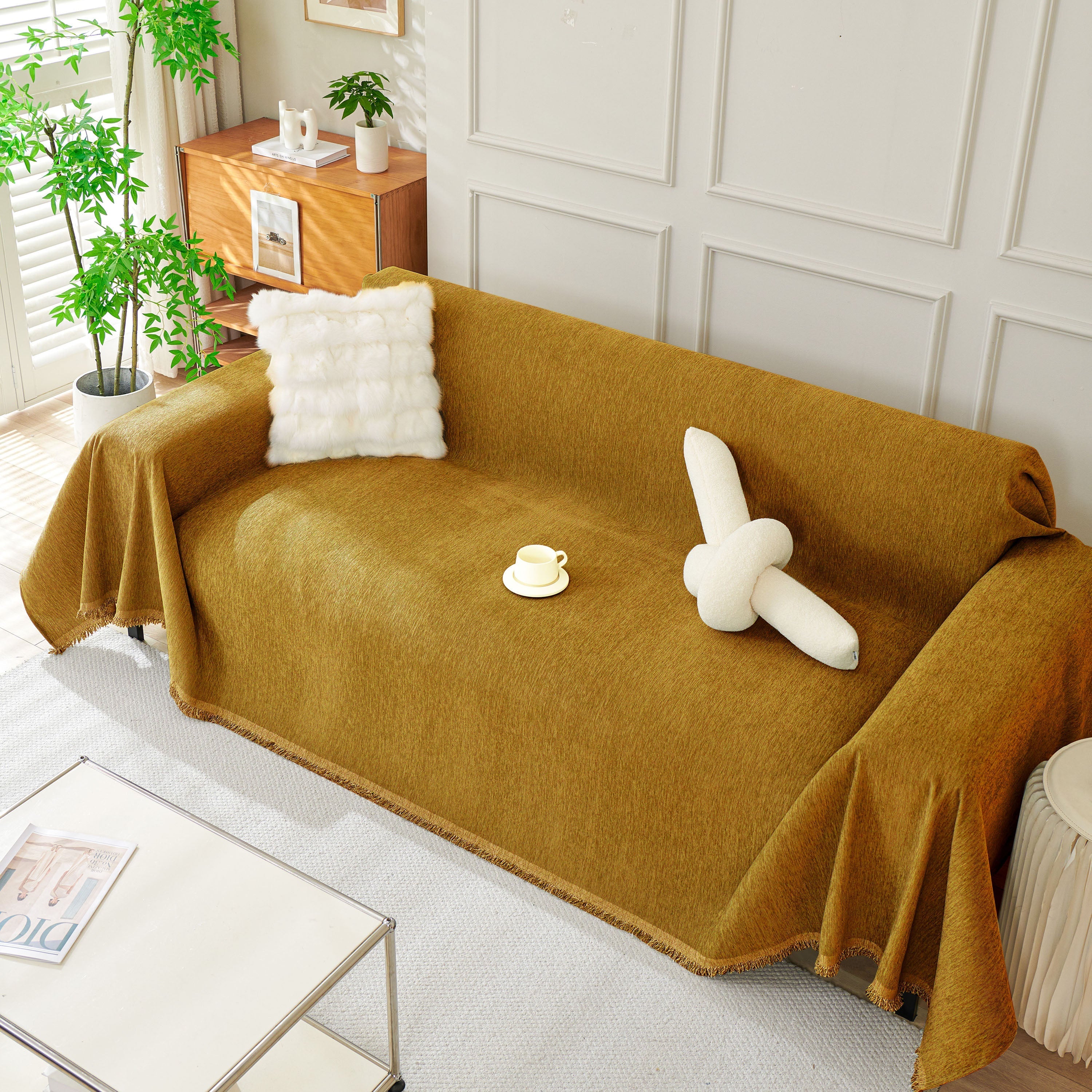 Solid Chenille Sofa Throw with Fringed Edge