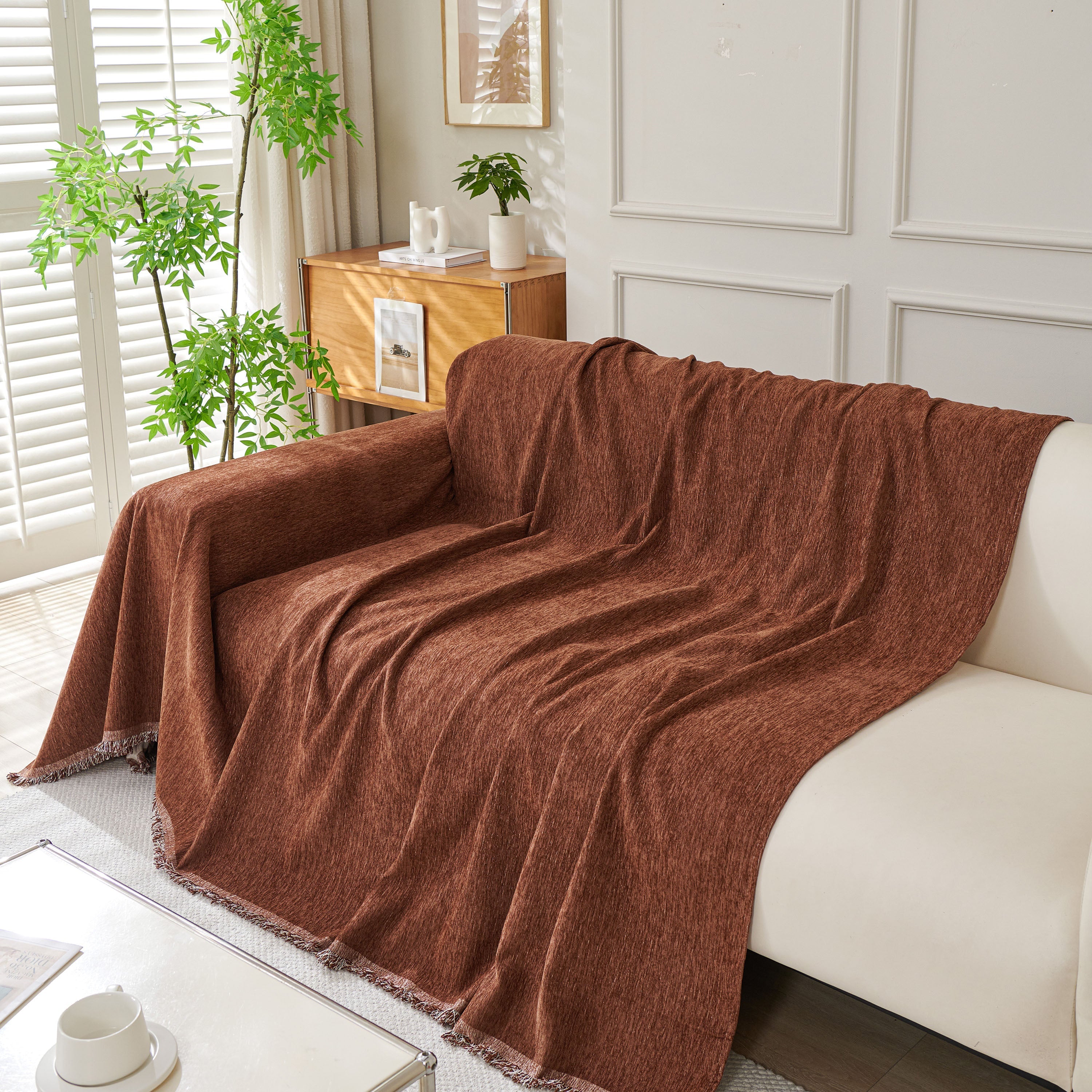 Solid Chenille Sofa Throw with Fringed Edge
