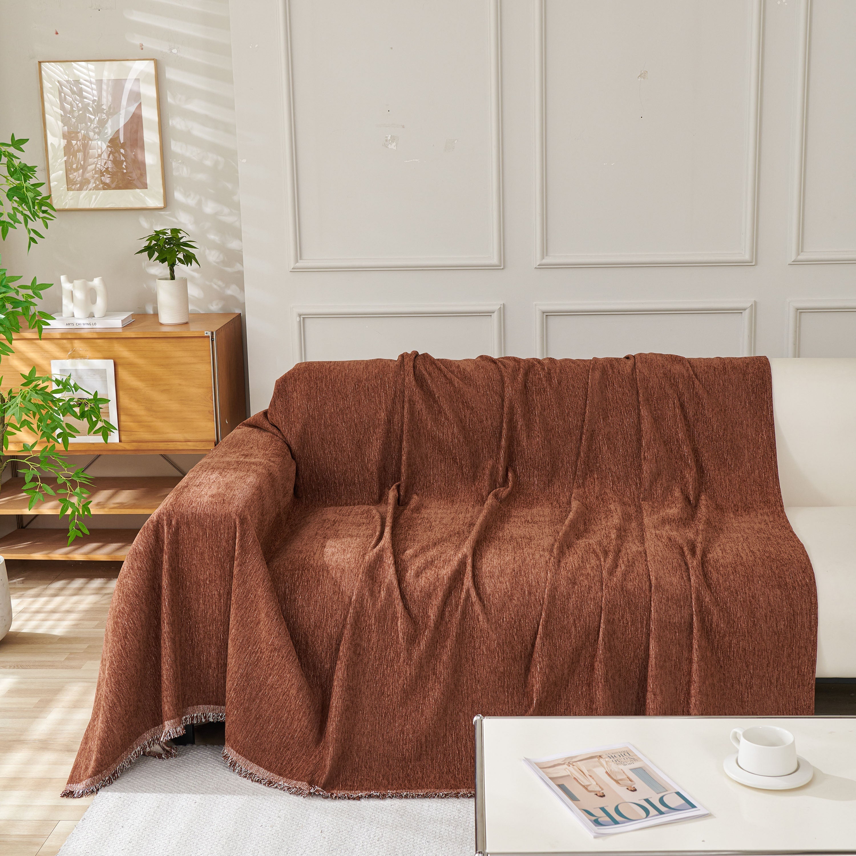 Solid Chenille Sofa Throw with Fringed Edge