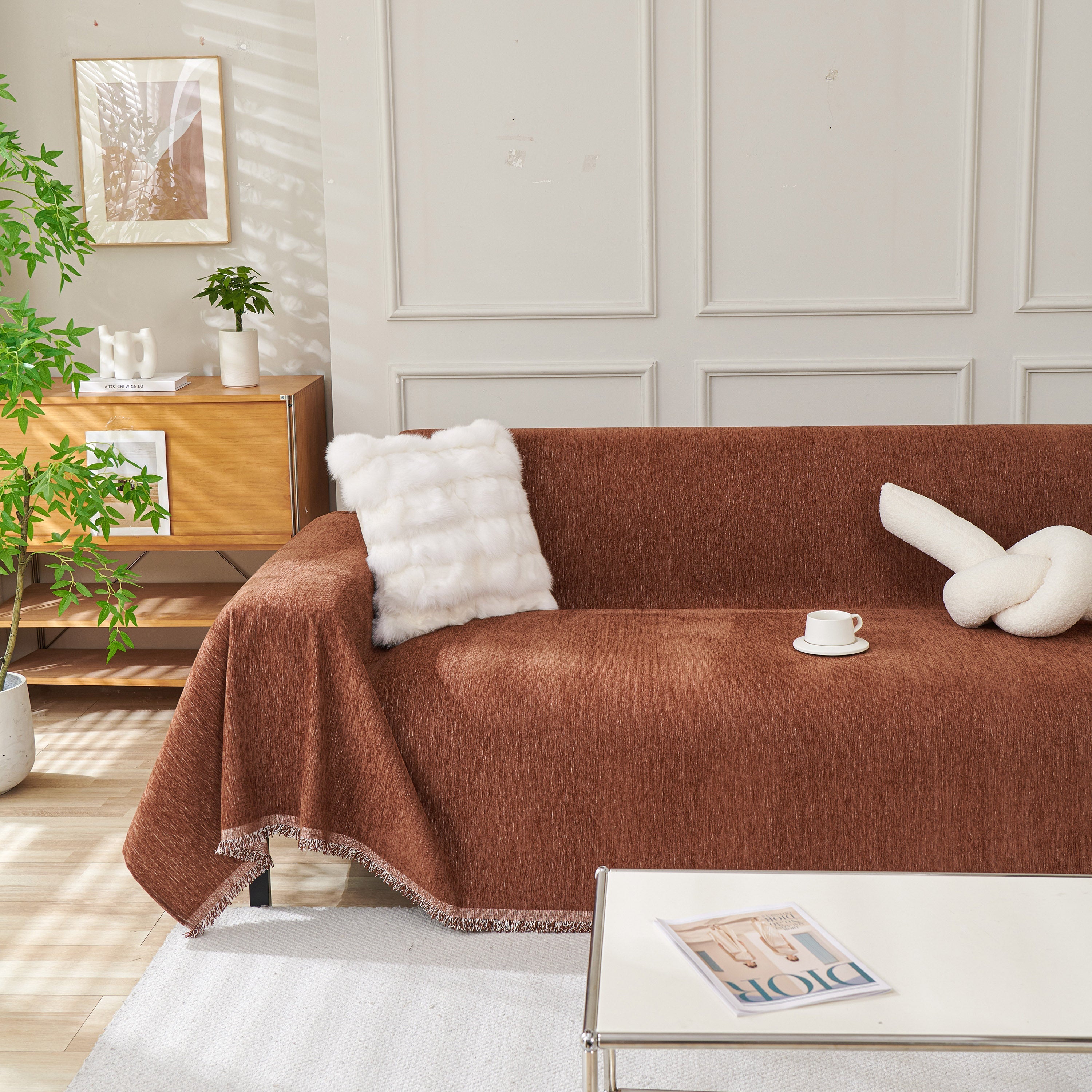 Solid Chenille Sofa Throw with Fringed Edge